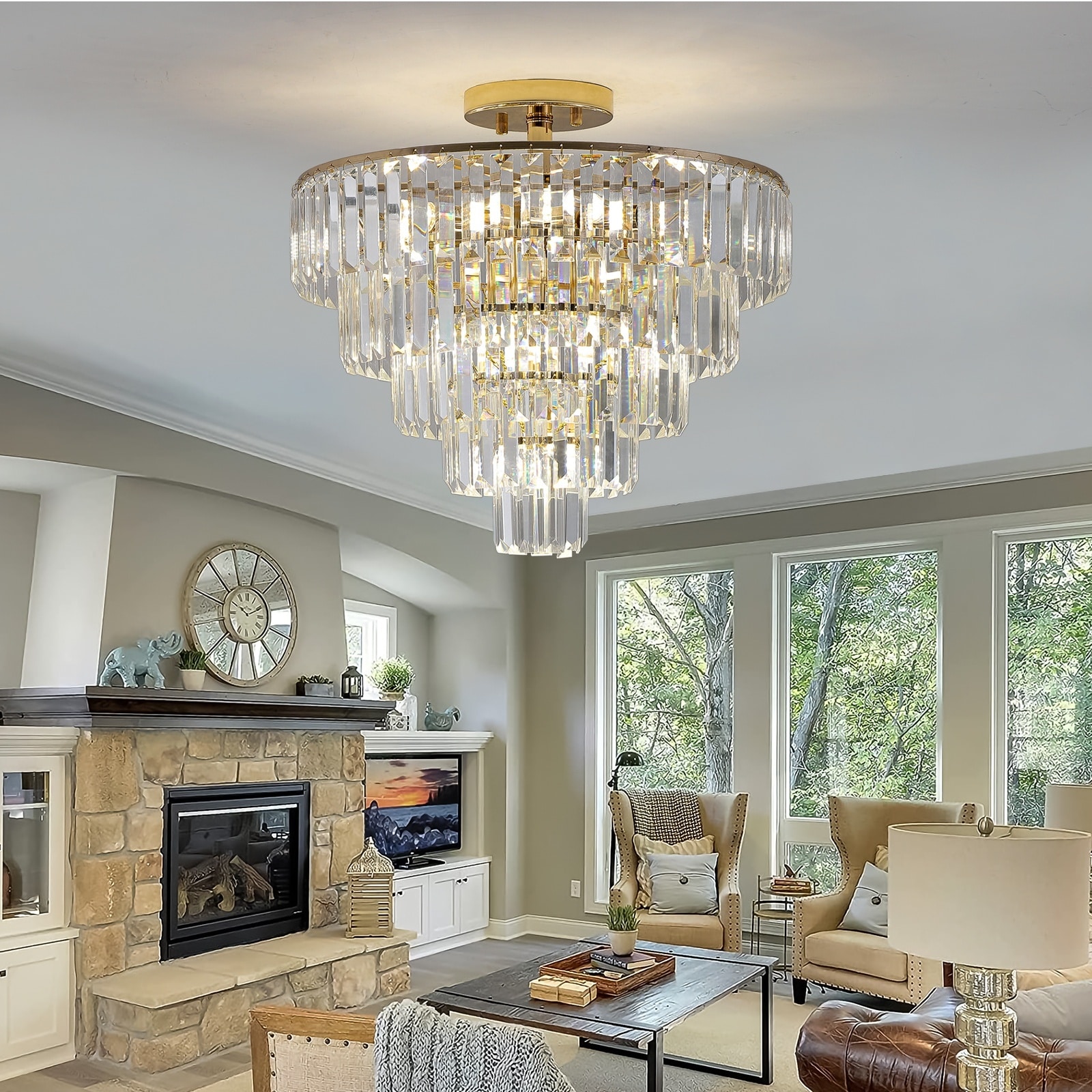 UOI 19 inch x 20 inch Gold Crystal 5-Tier Semi Flush Mount Chandelier with K9 Crystal Prisms and Metal Frame