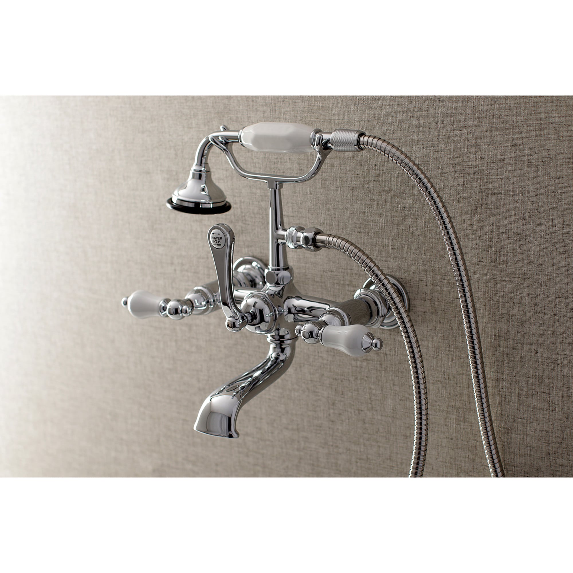 Kingston Brass WLAE554T1 Vintage Polished chrome 3-handle Wall-mount Low-arc Bathtub Faucet with Hand Shower ( Valve Included )