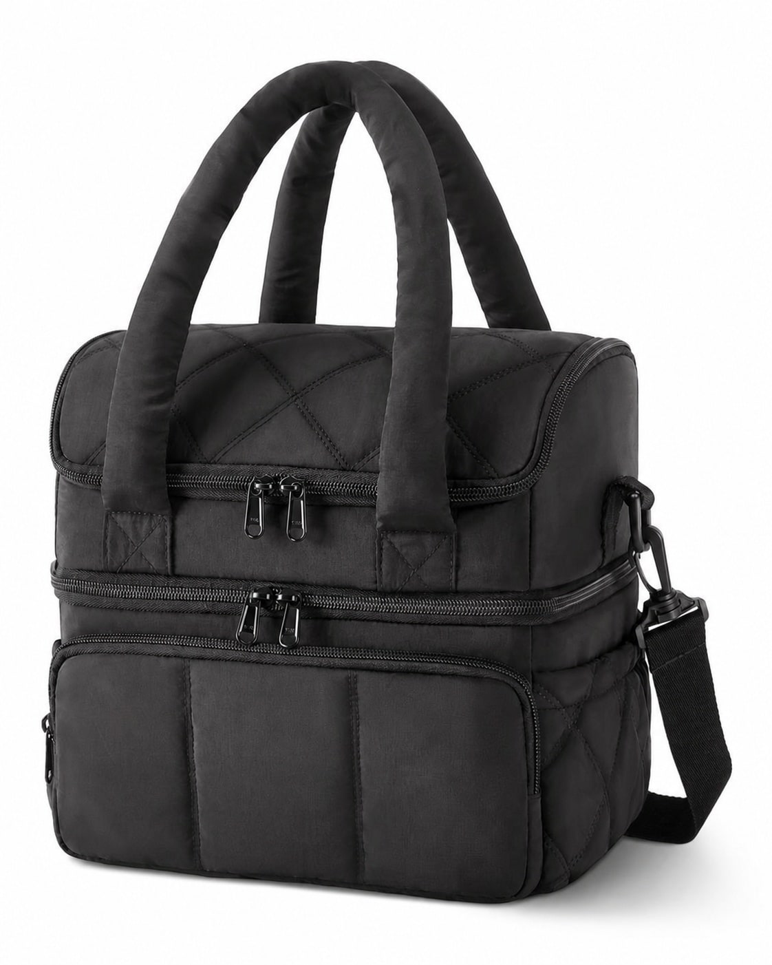 Yichuhaoxi  Double Deck Insulated Lunch Bag for Women Large Quilted Puffer Lunch Tote Leakproof Reusable Cooler with Adjustable Strap Black