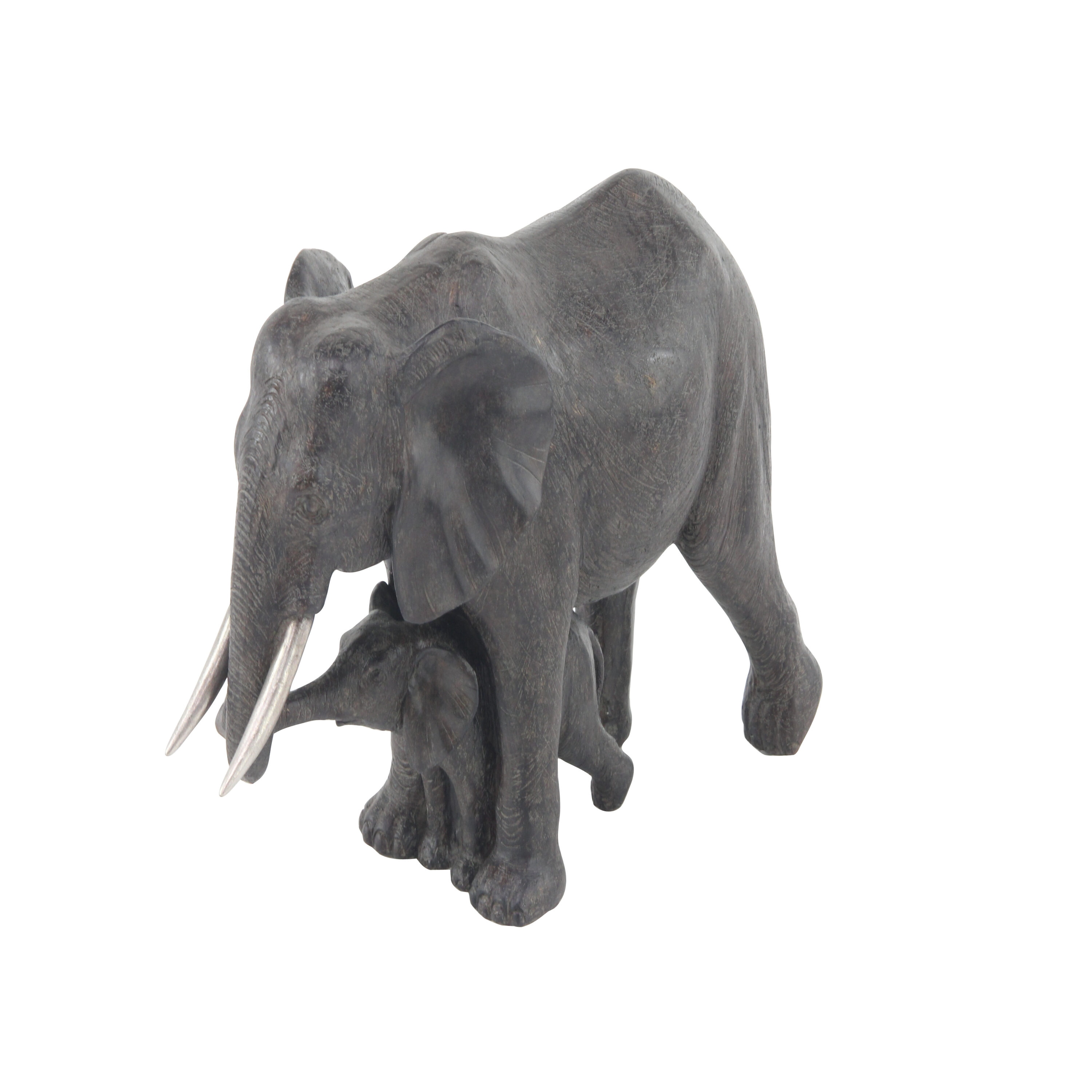 Gray Resin Elephant Mother and Calf Sculpture