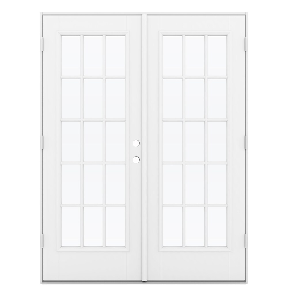 JELD-WEN 60-in x 80-in x 4-9/16-in Jamb Low-e External Grilles Primed Fiberglass French Right-Hand Outswing Double Patio Door in White -  LOWOLJW184100074