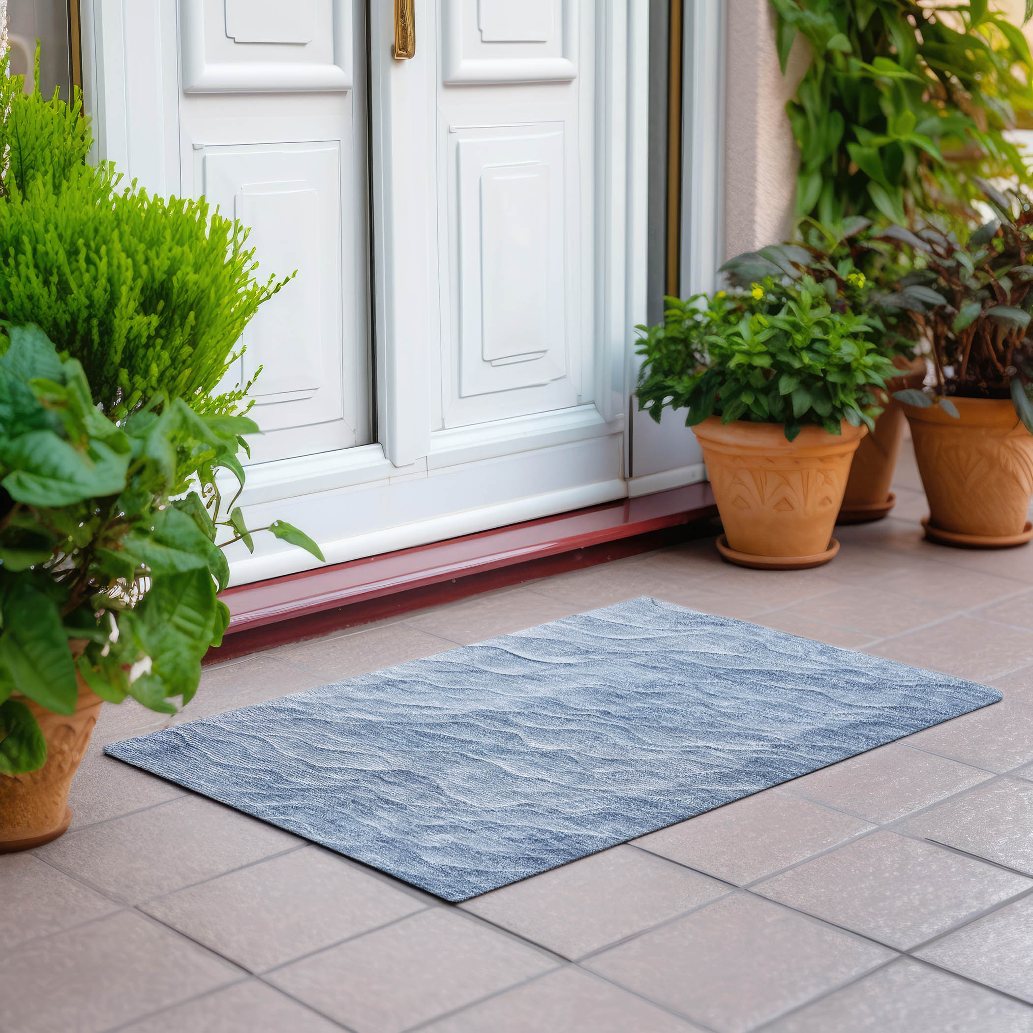 Blue Wave Pattern Washable Synthetic Rectangular Rug