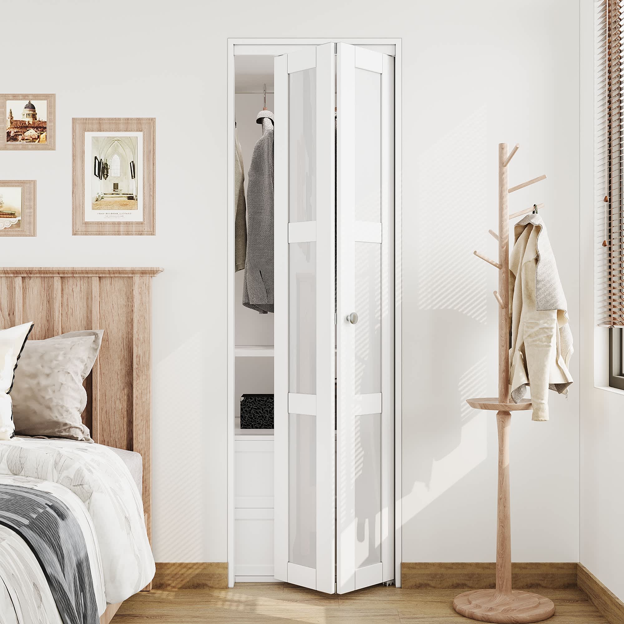 Ark Design White 3 Lite Closet Bi-Fold Doors Tempered Frosted Glass Folding Door Solid MDF Closet Door Prefinished Surface Pre-Drilled Holes 24-in x 80-in
