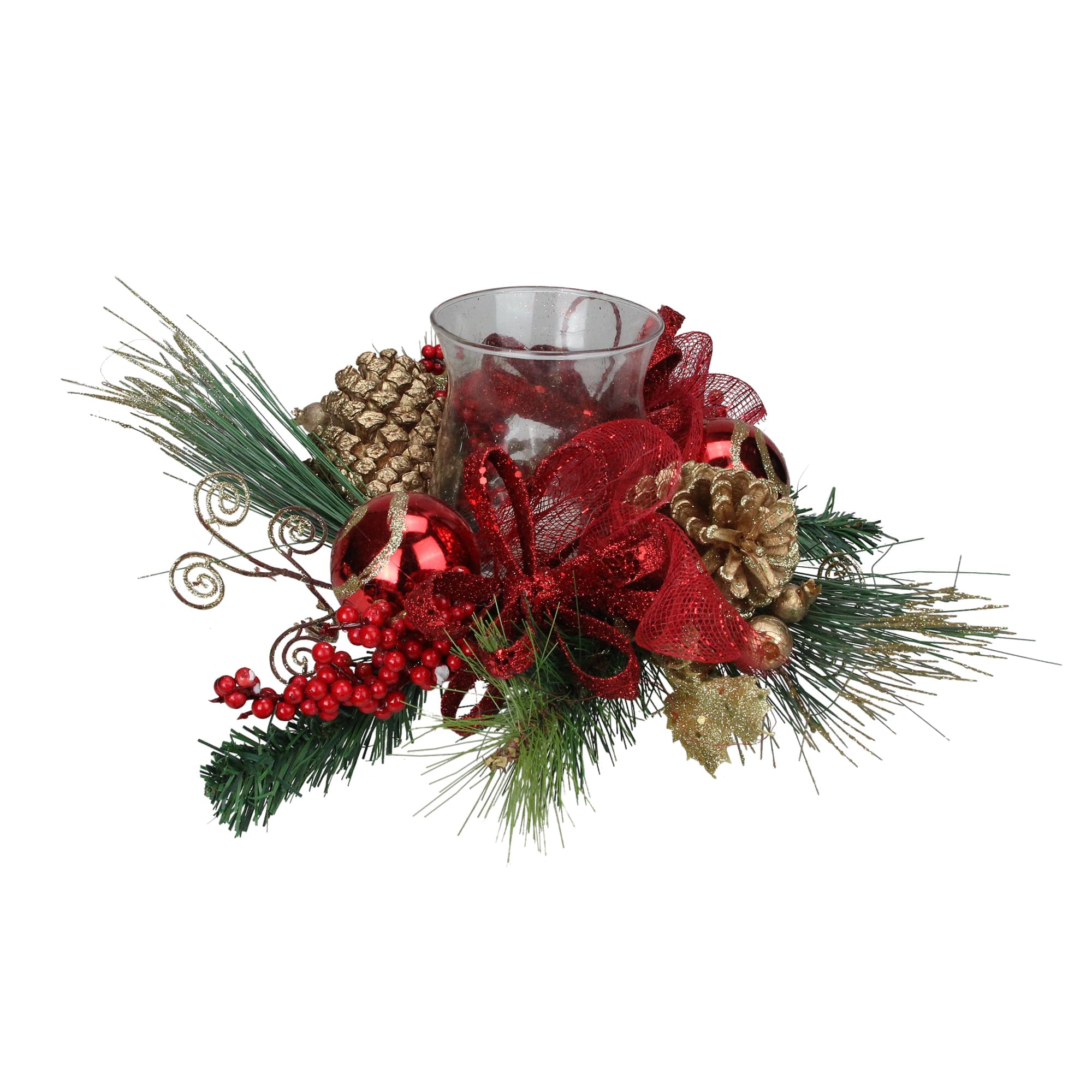 Northlight 18 inch Pine Sprigs and Glittered Berries Christmas Hurricane Candle Holder