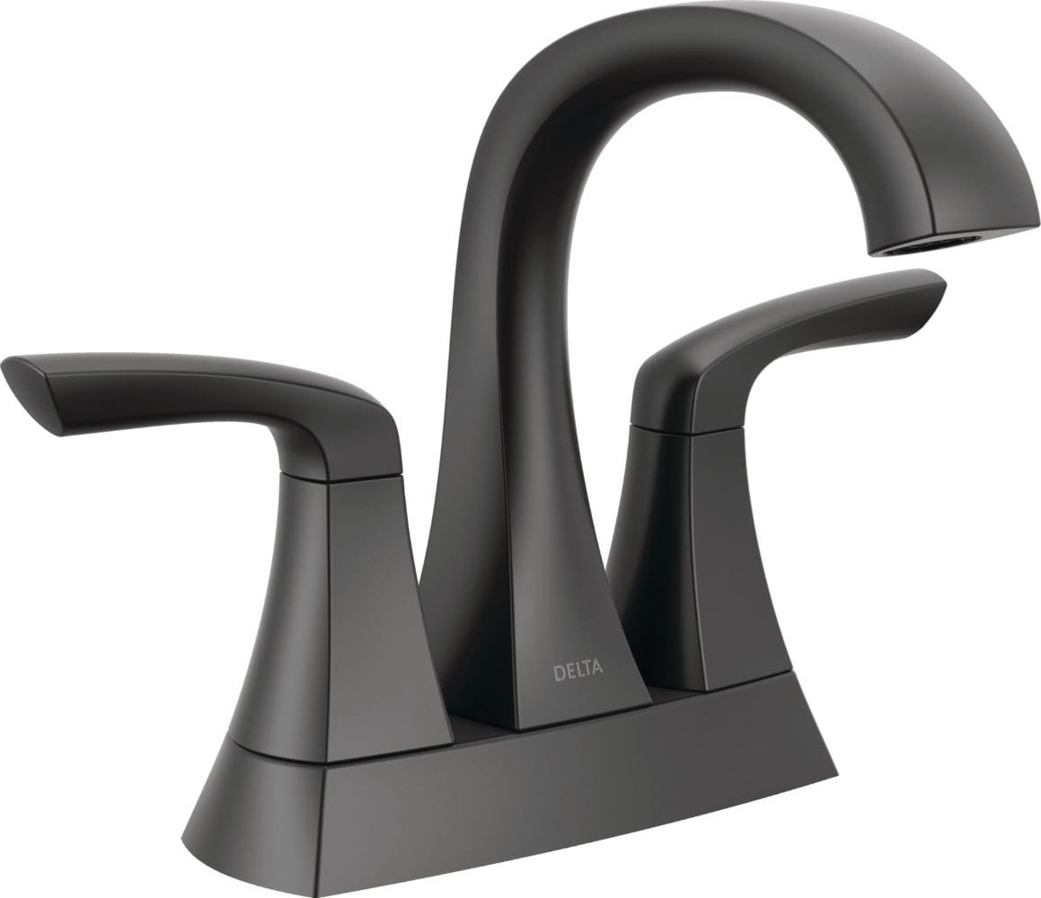 Delta 25895LF-BL Lacey Matte Black 4-in centerset 2-handle WaterSense Mid-arc Residential Handle Bathroom Sink Faucet with Drain