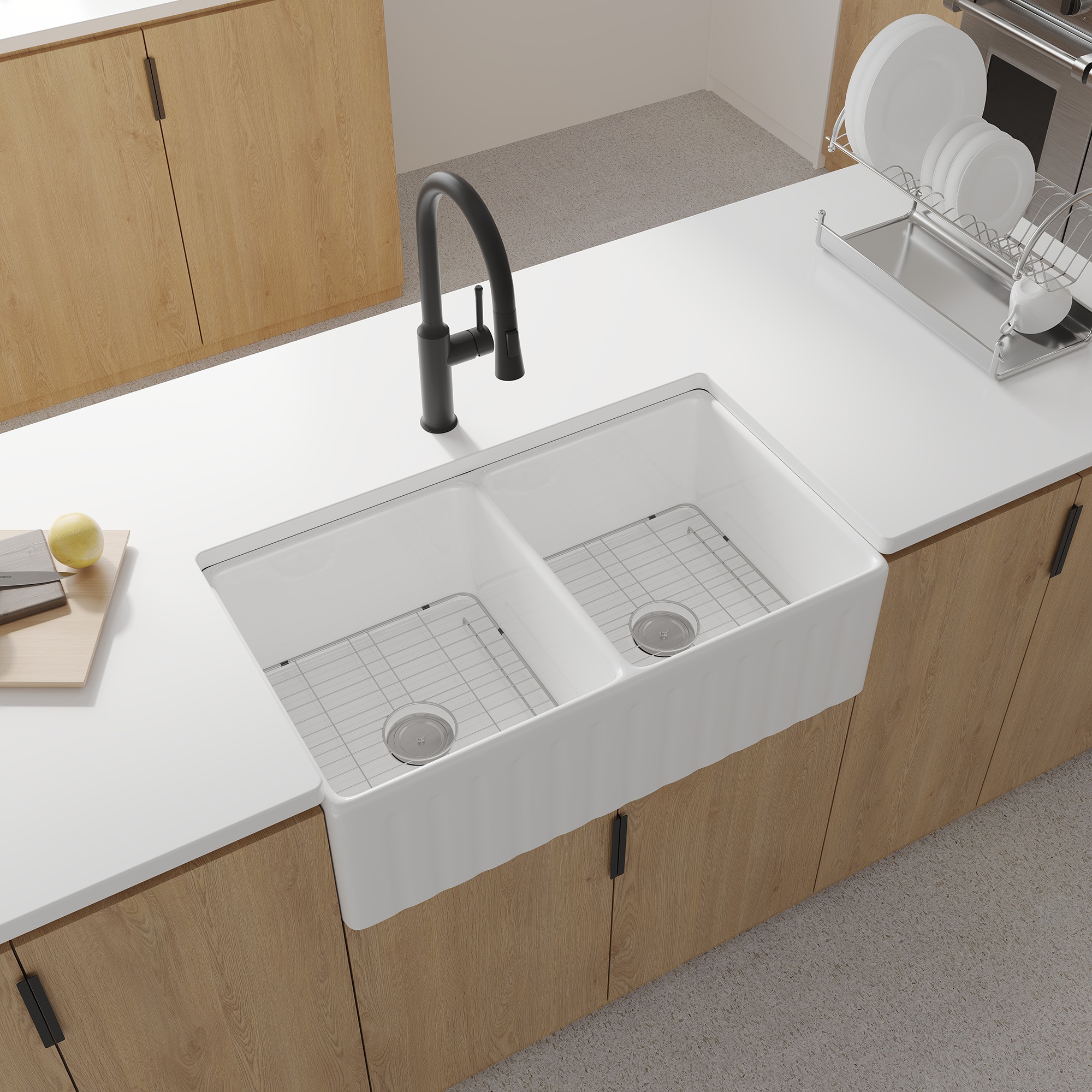 Rainlex Fireclay 33-in x 20-in Double Basin Farmhouse Kitchen Sink With Grid And Strainer