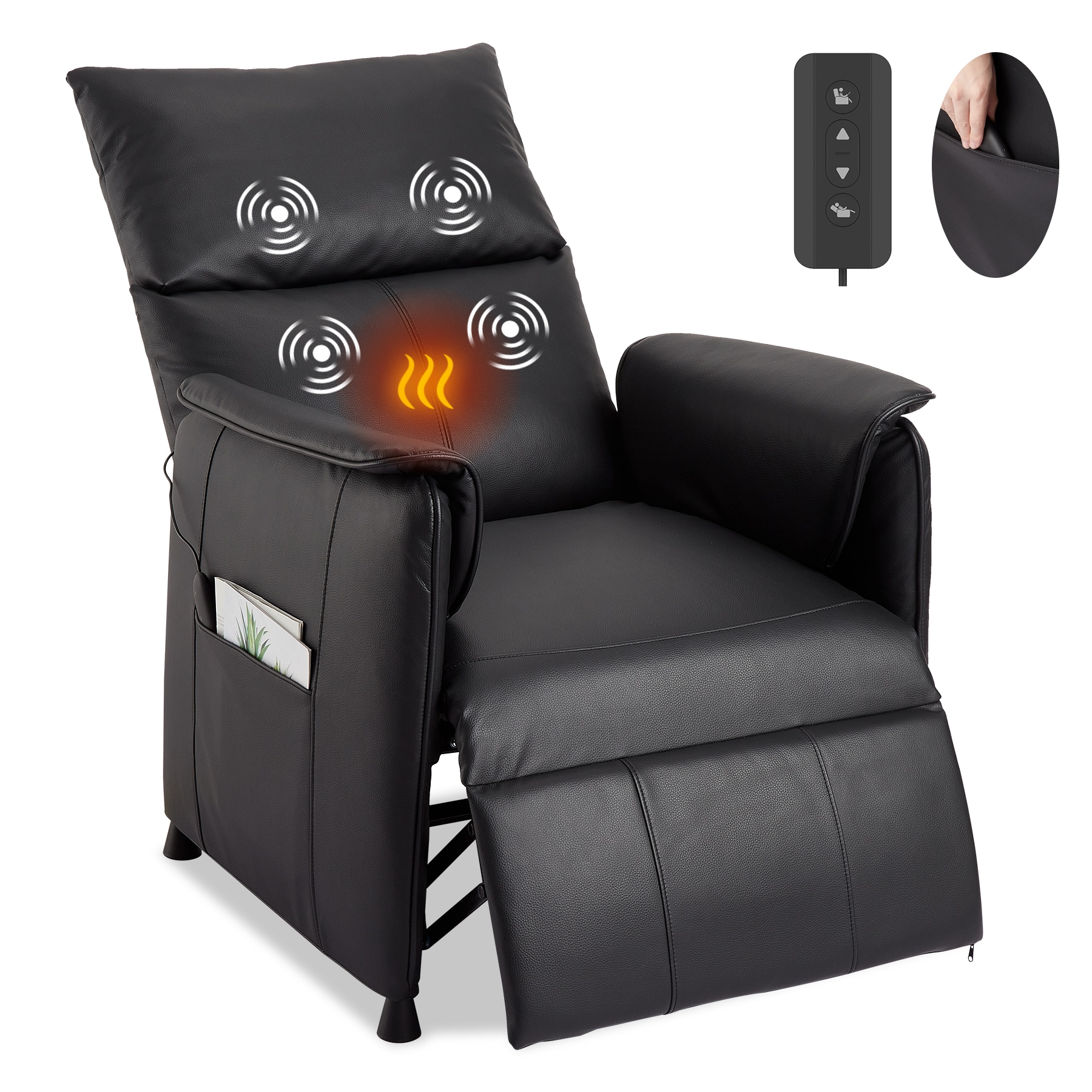 Assile Black Power Recliner Sofa Bed with Massage/Heat - Adjustable PU Leather Sleeper Couch