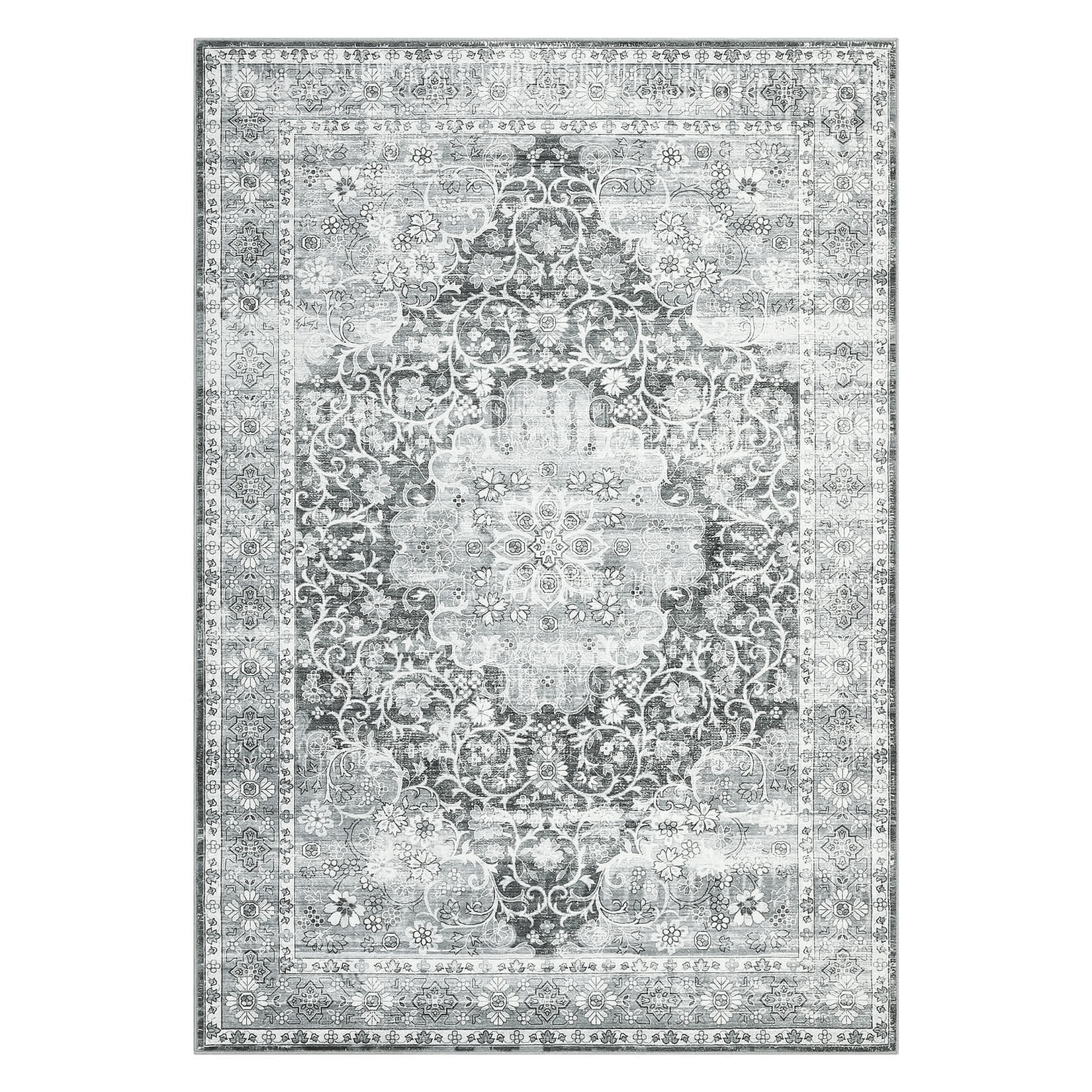 Qeetex LSN-PHO-16I7OIL8 9 x 12 ft Polyester Cashmere Gray Rectangular Hallway Bathroom Entryway Kitchen Office Foldable Flower Printed Persian Washable Area Rug