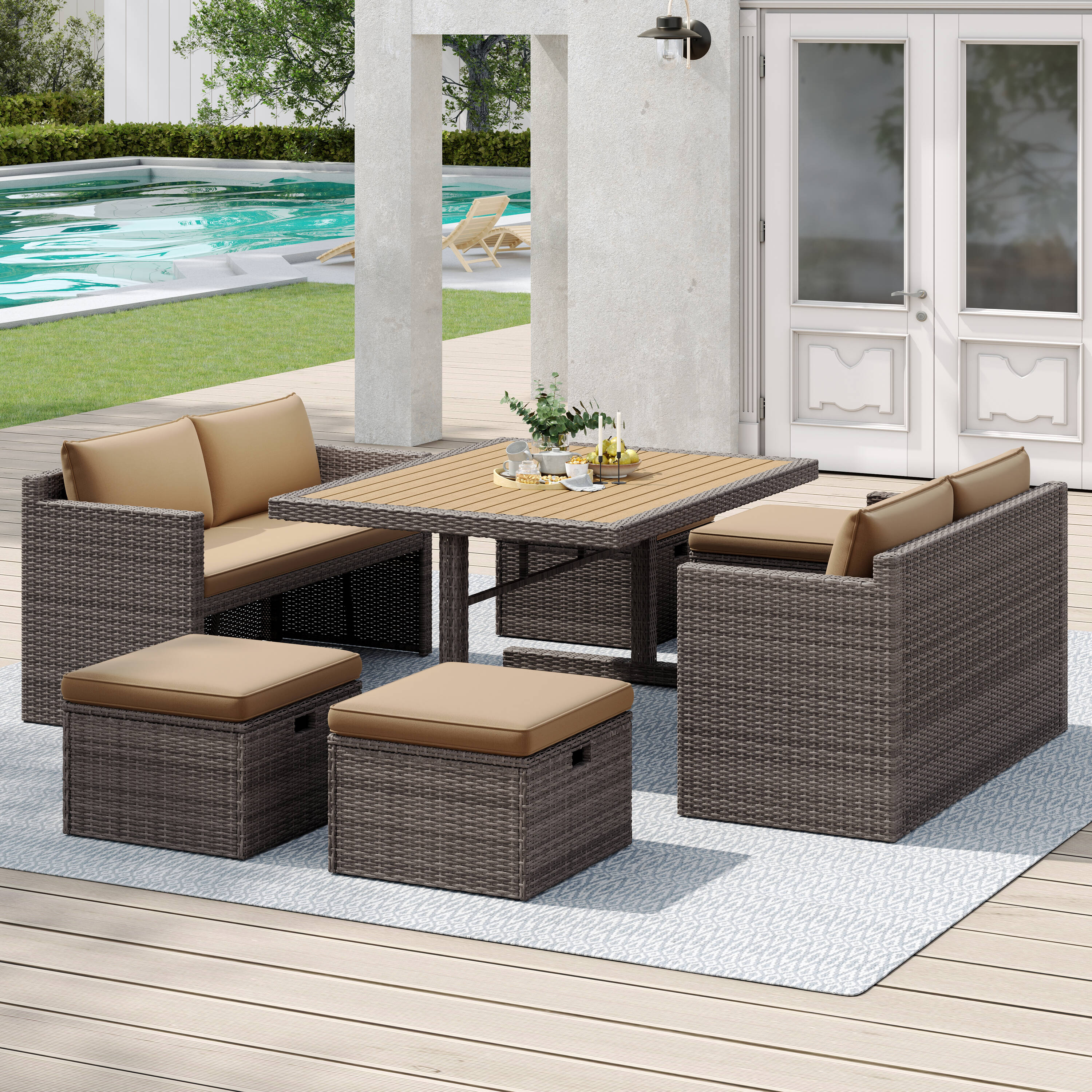 Octans SL2C00174 7 -Piece Brown Woven Patio Dining Set Plastic Rectangle Table with 6 Off-white Cushions Stationary Chairs