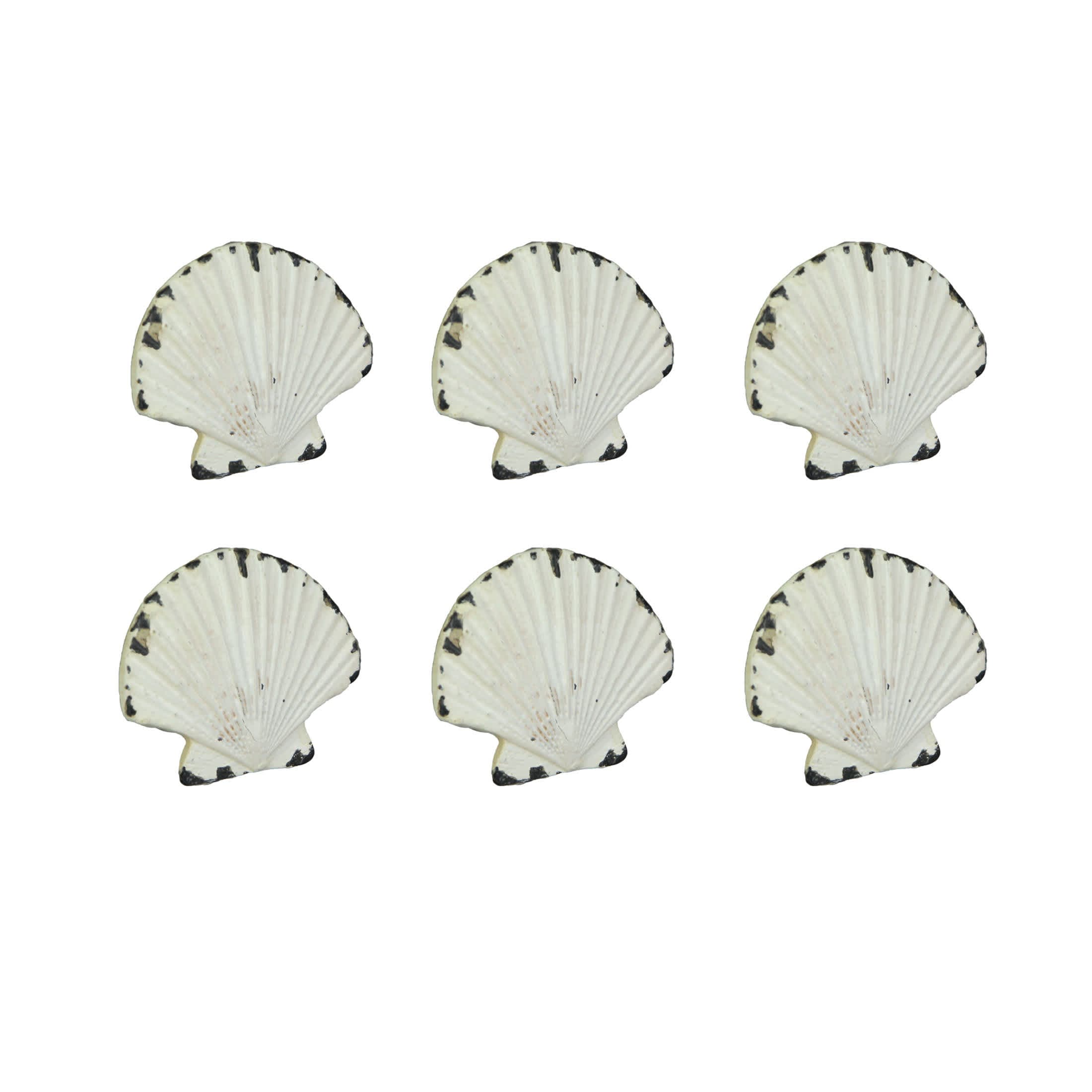 Moby Dick Specialties MD-MB-1307-SET Set of 6 Distressed Finish Coastal White Cast Iron Scallop Shell Drawer Pulls