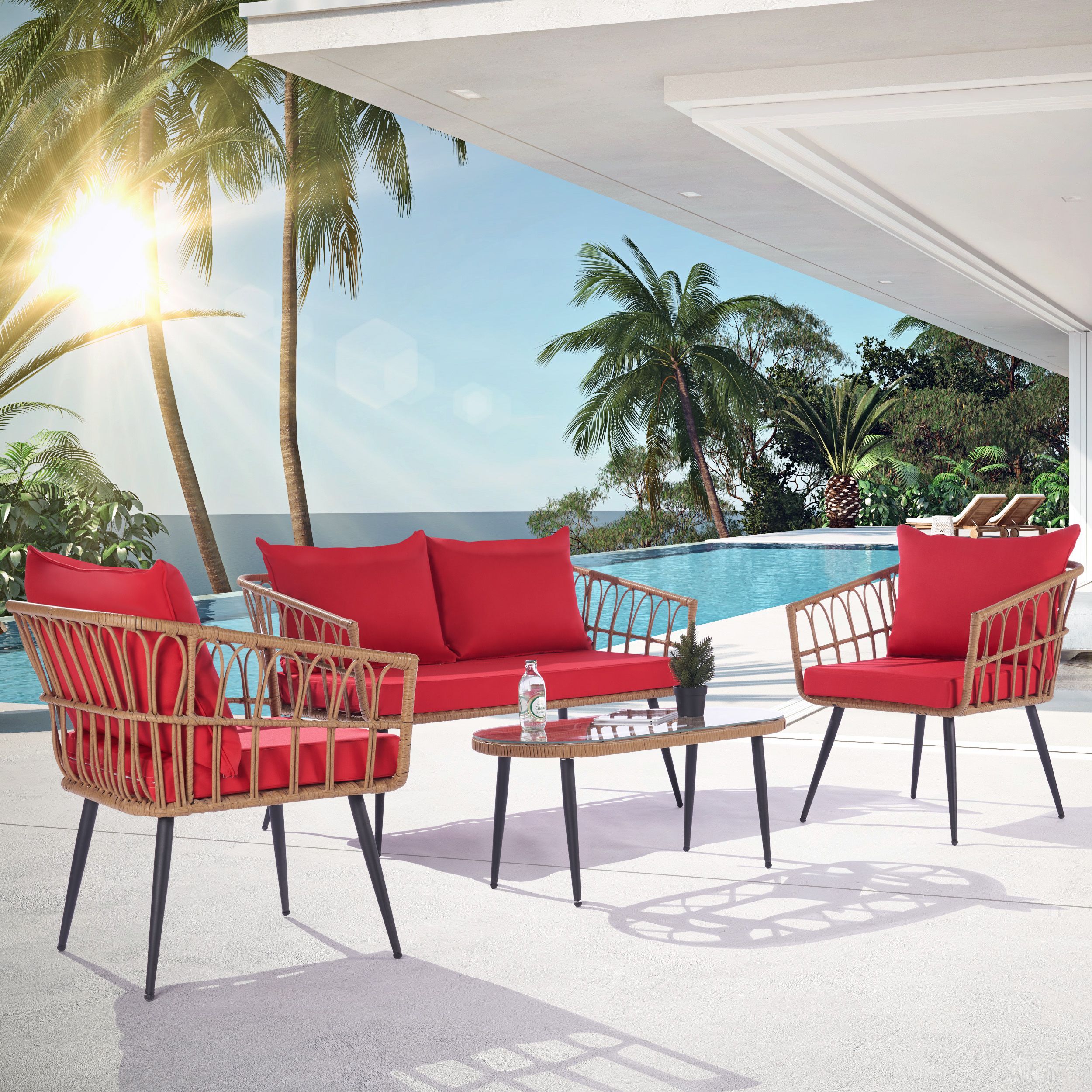 SANSTAR LRS-DS74RD Patio Coversation Set 4-Piece Wicker Patio Conversation Set with Red Polyester Cushions