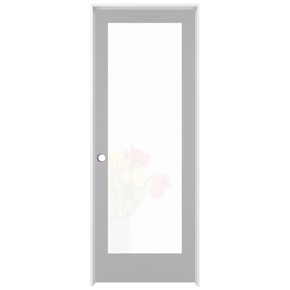 RELIABILT LO1370083 32-in x 80-in Driftwood Solid core 1-panel Frosted glass Right hand Smooth Prefinished Pine Wood Flat Jamb Single Prehung Interior Door