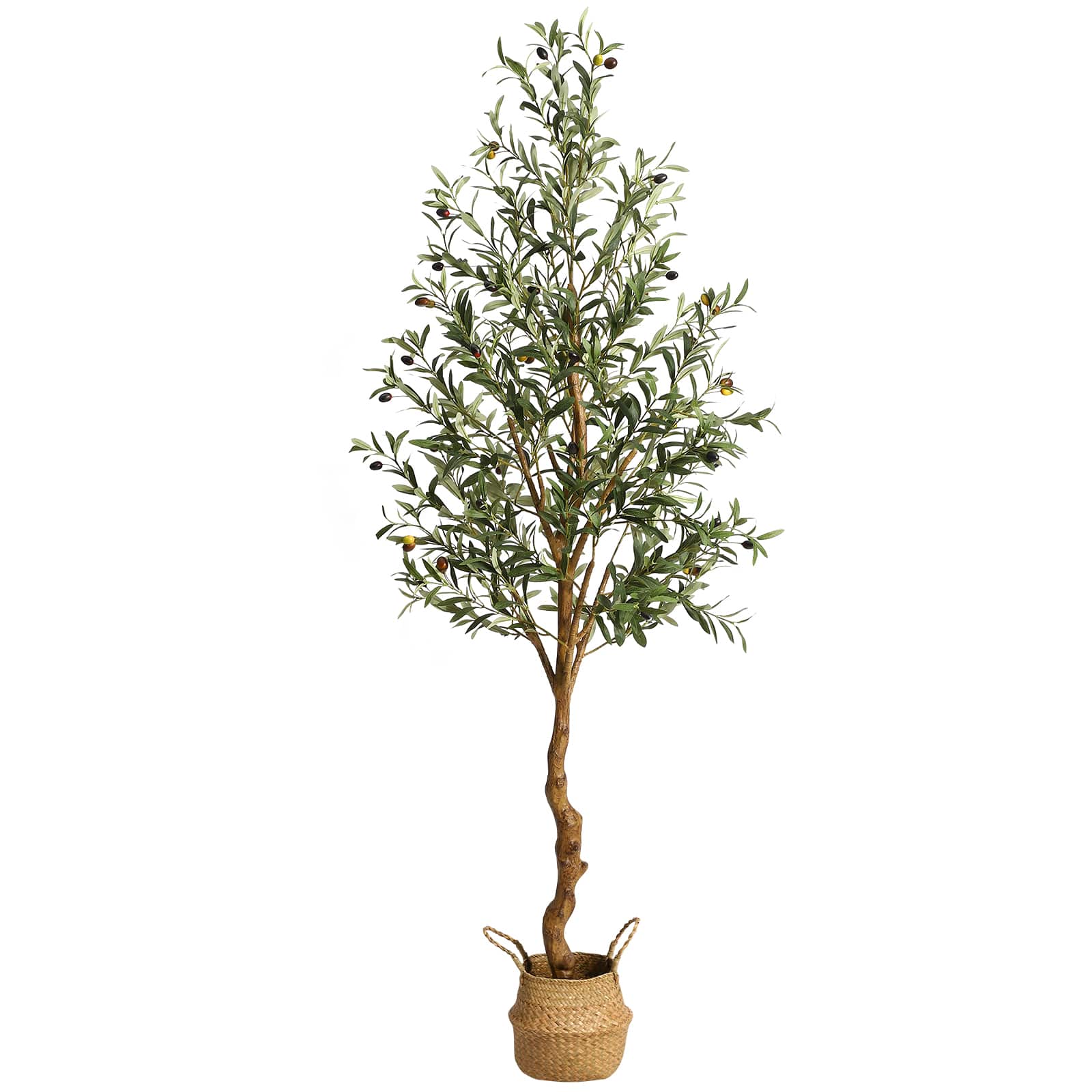 WhizMax LHFLS-PHO-10VQPFB6 Artificial Olive Tree 6FT(72in) Tall Faux Silk Olive Trees with Backet for Home Office Living Room Decor Indoor Fake Potted Tree with Handmade Seagrass Basket and Lifelike Fruits