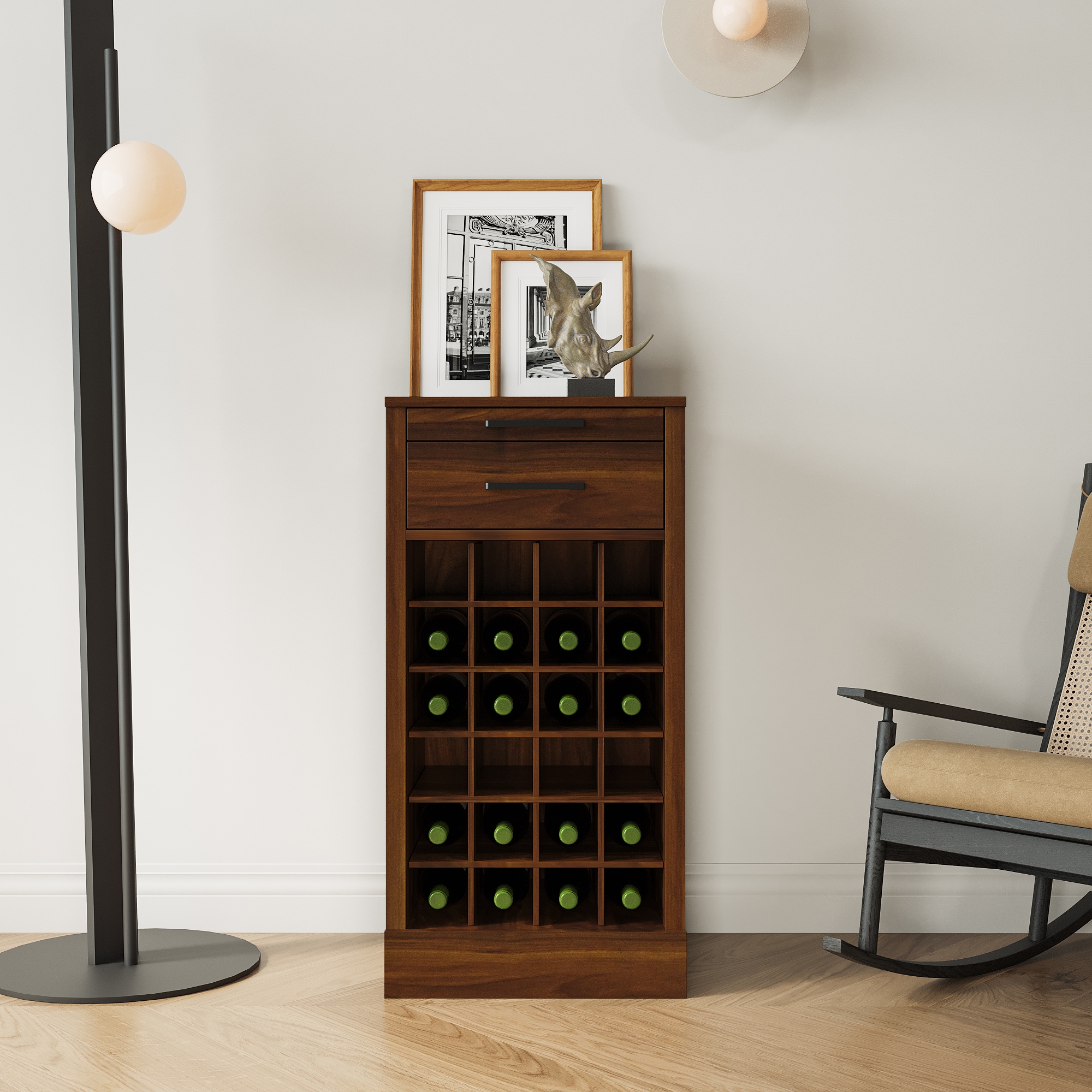 Misty Moon Walnut Brown 35in H x 18in W x 16in D Modular 24 Bottle Wine Bar Cabinet Freestanding Wine Storage Buffet Cabinet with Drawers for Dining Room Living Room
