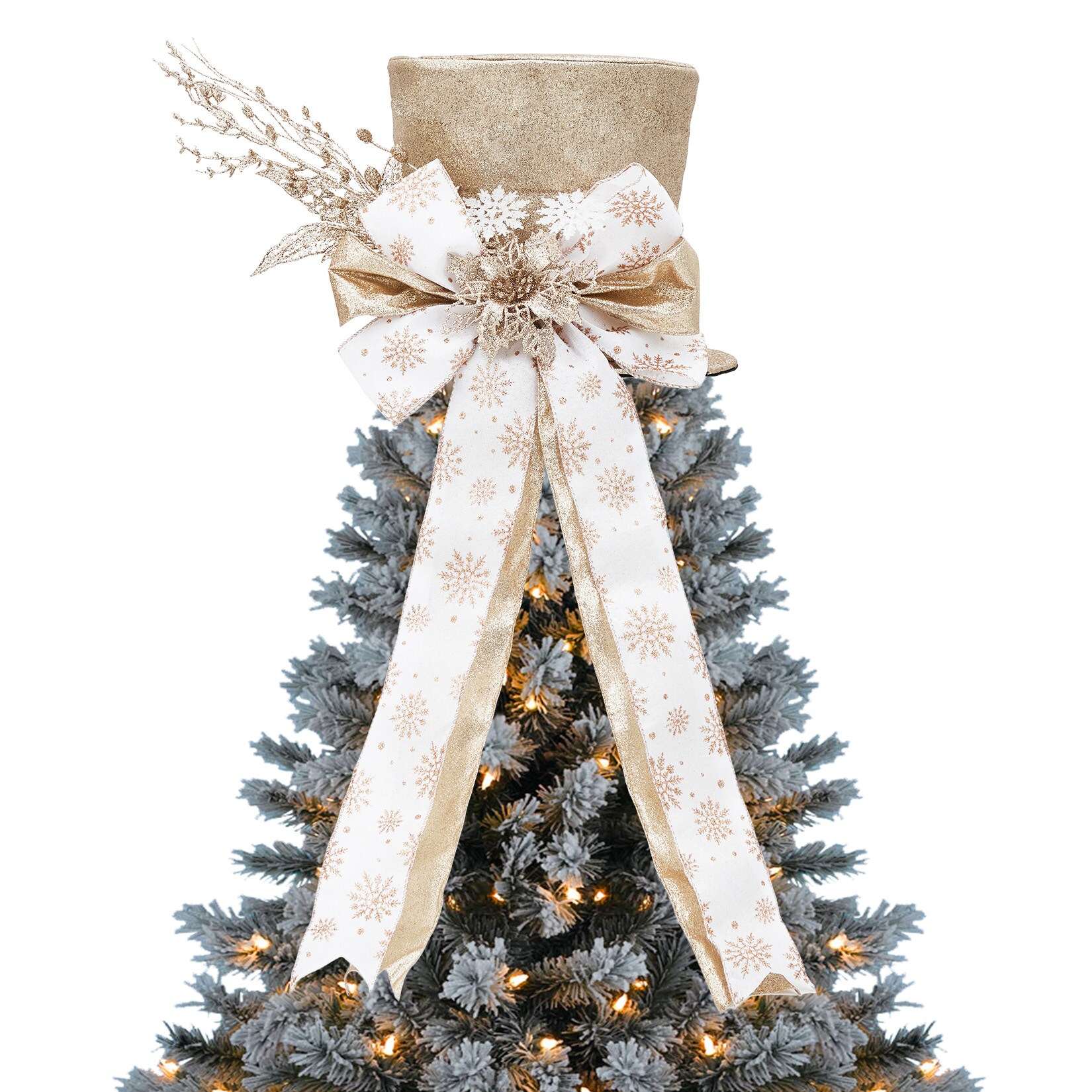 Garvee Sparkling Glitter Christmas Tree Leader Bow - Festive Christmas Tree Topper with Decorative Spruce Branch - Snowman Themed Accent for Home and Table Top - Beige - 9.8Inch