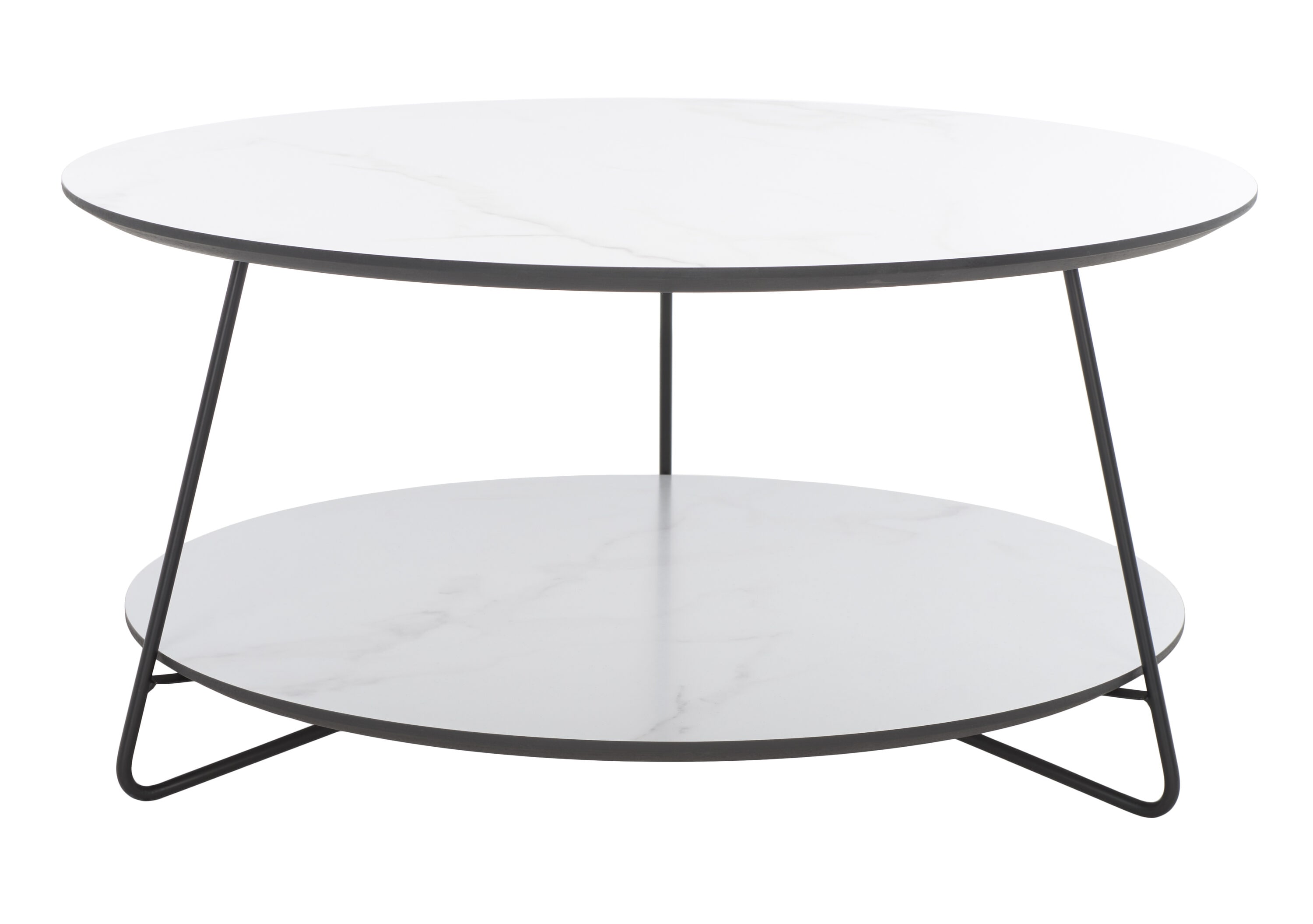 White Faux Marble Round Cocktail Table with Black Hairpin Legs
