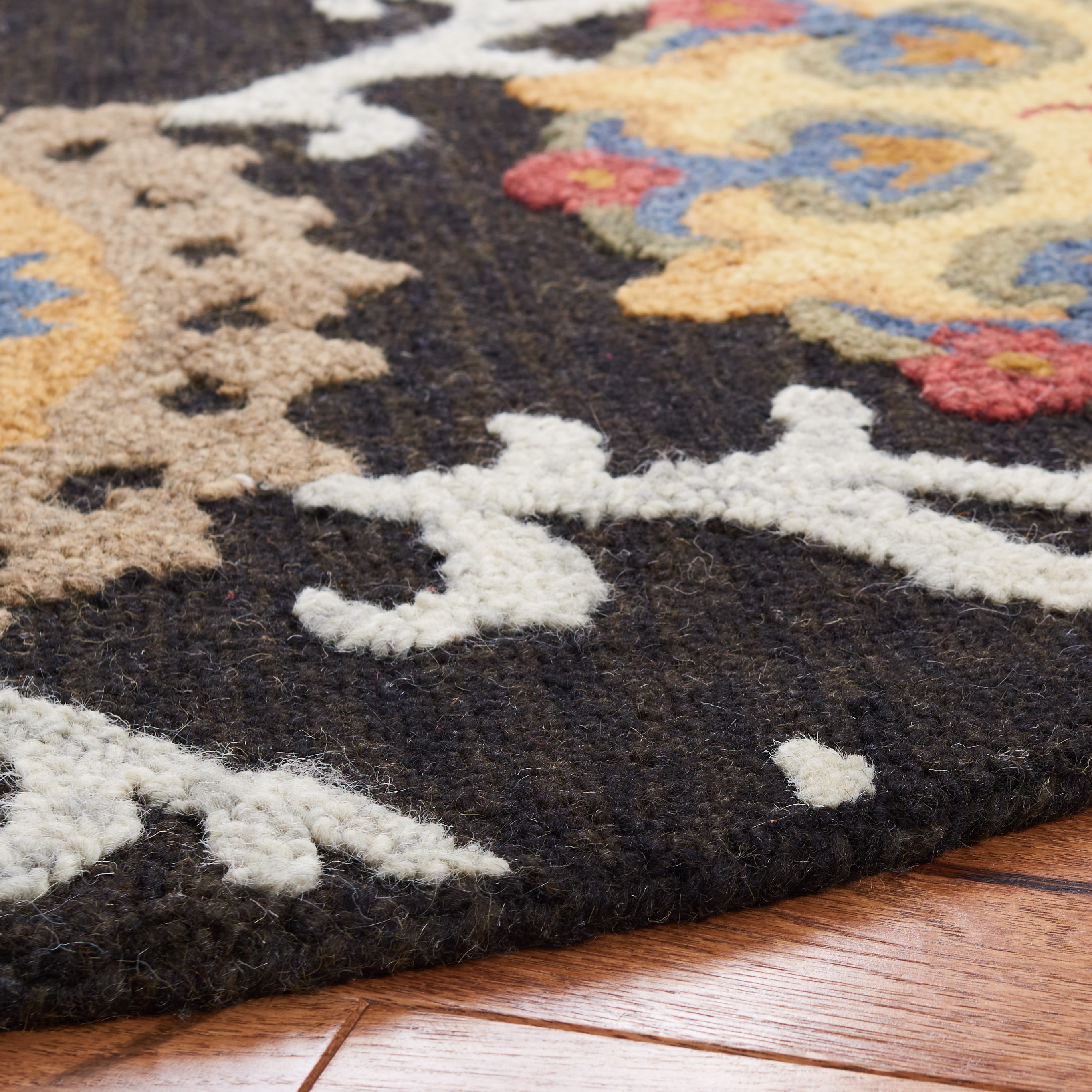 Handmade Charcoal Gray Floral Tufted Wool Round Rug - 47"