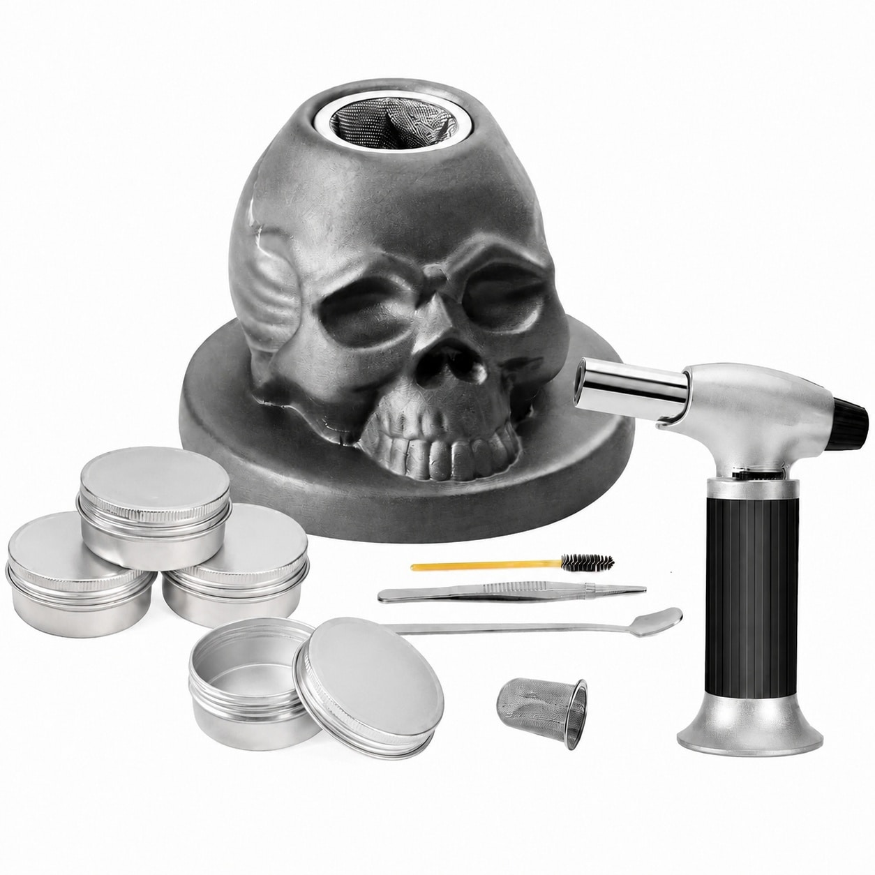 Aoibox  Skull Design Ceramic Old Fashioned Whiskey Cocktail Smoker Kit with Torch 4 Wood Chip Flavors and Stainless Filter