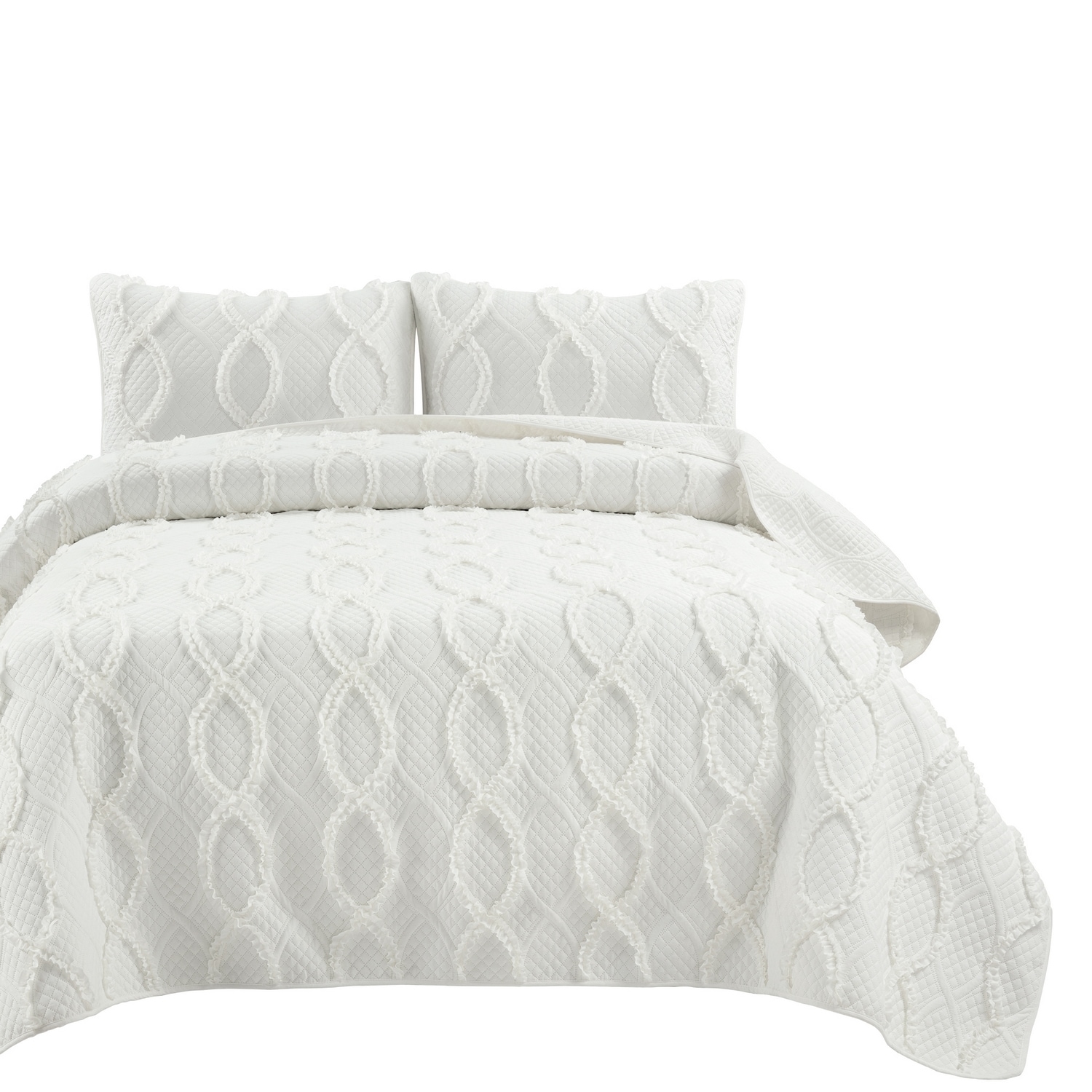 White Full Microfiber Textured Quilt Set