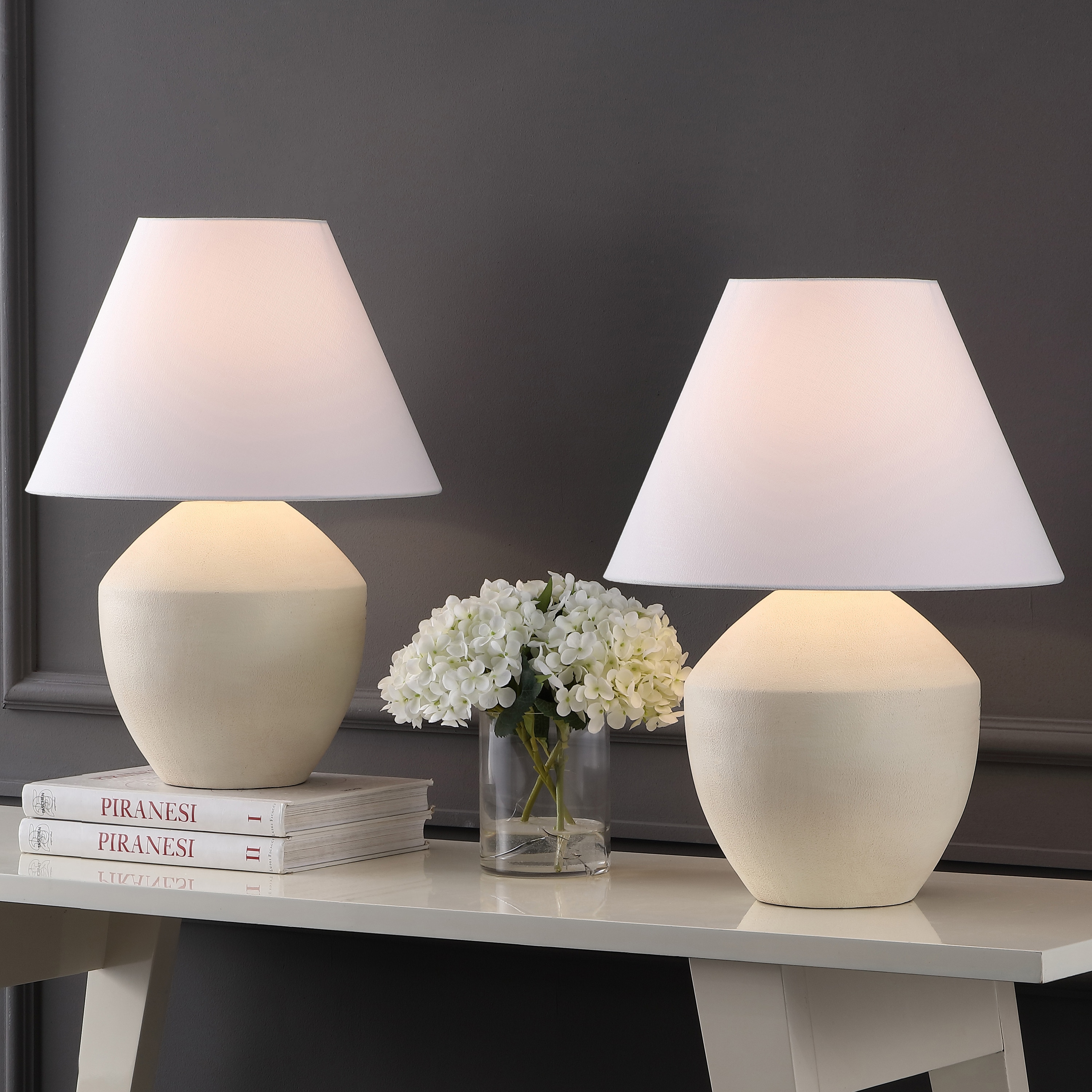 JONATHAN  Y JYL5604B-SET2 Ralf Minimalist Scandinavian Resin/Iron 20.5-in Matte Cream LED Rotary socket Table Lamp with Linen Shade 2 -Set