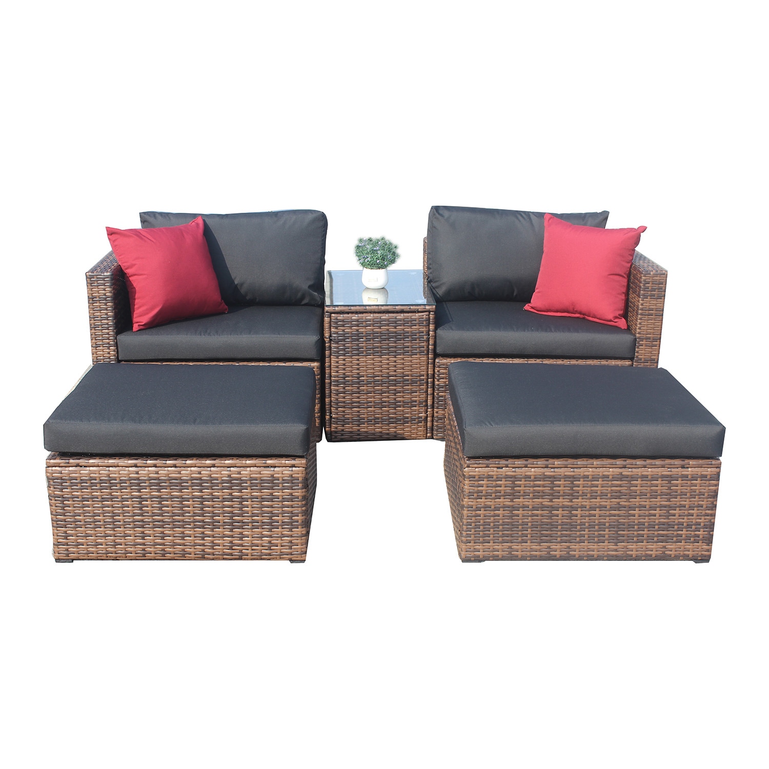 Bybafun 5-Piece Rattan Patio Conversation Set with Black Cushions at ...