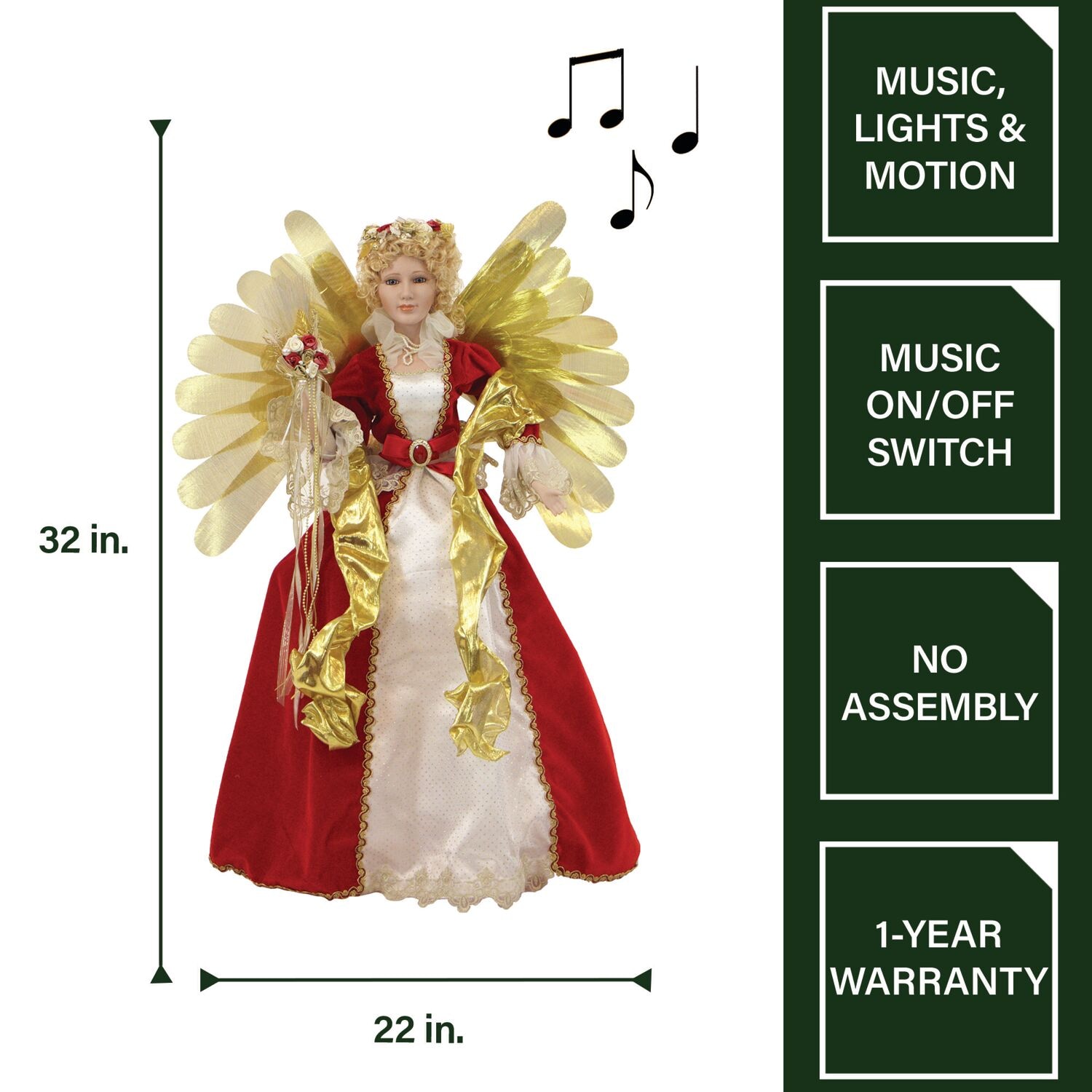 32-Inch Golden Winged Porcelain Christmas Angel Figurine with LED Lights and Music