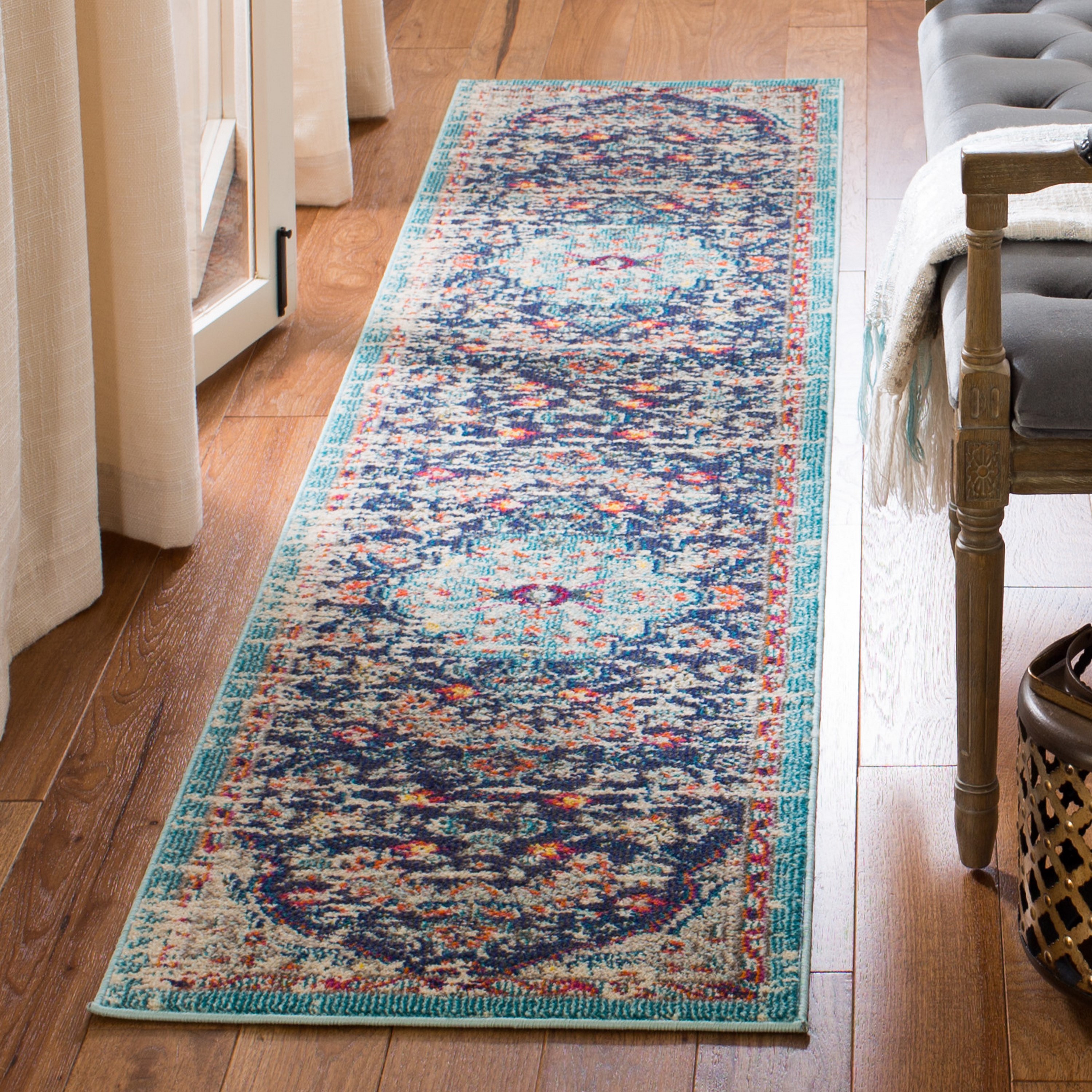 Safavieh MAD447Z-214 Madison Sudbury 2 X 14 (ft) Black/Teal Indoor Distressed/Overdyed Vintage Runner Rug