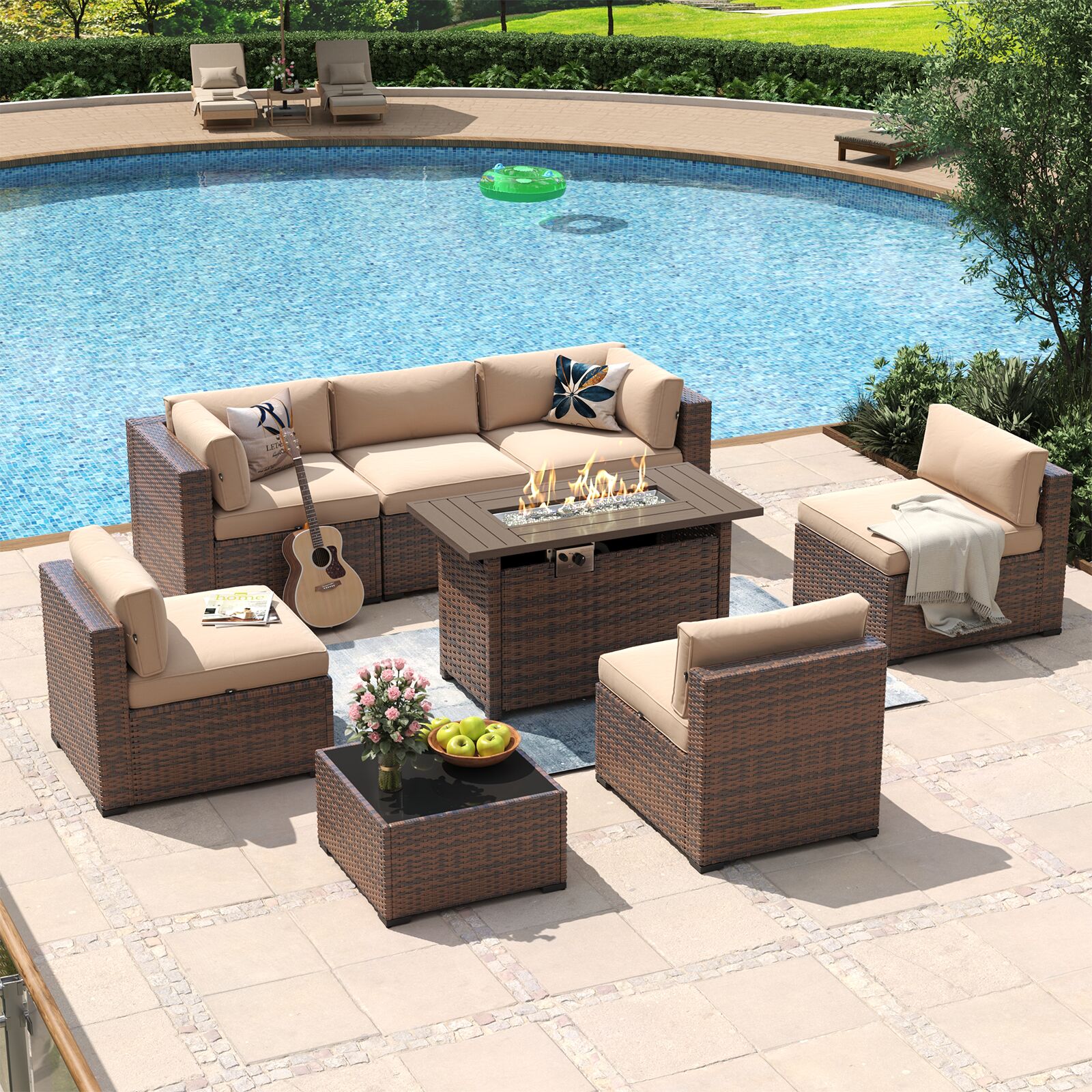 AOXUN G12039RDAB+G25026BR 8-Piece Rattan Patio Sofa Conversation Set with Brown Cushions