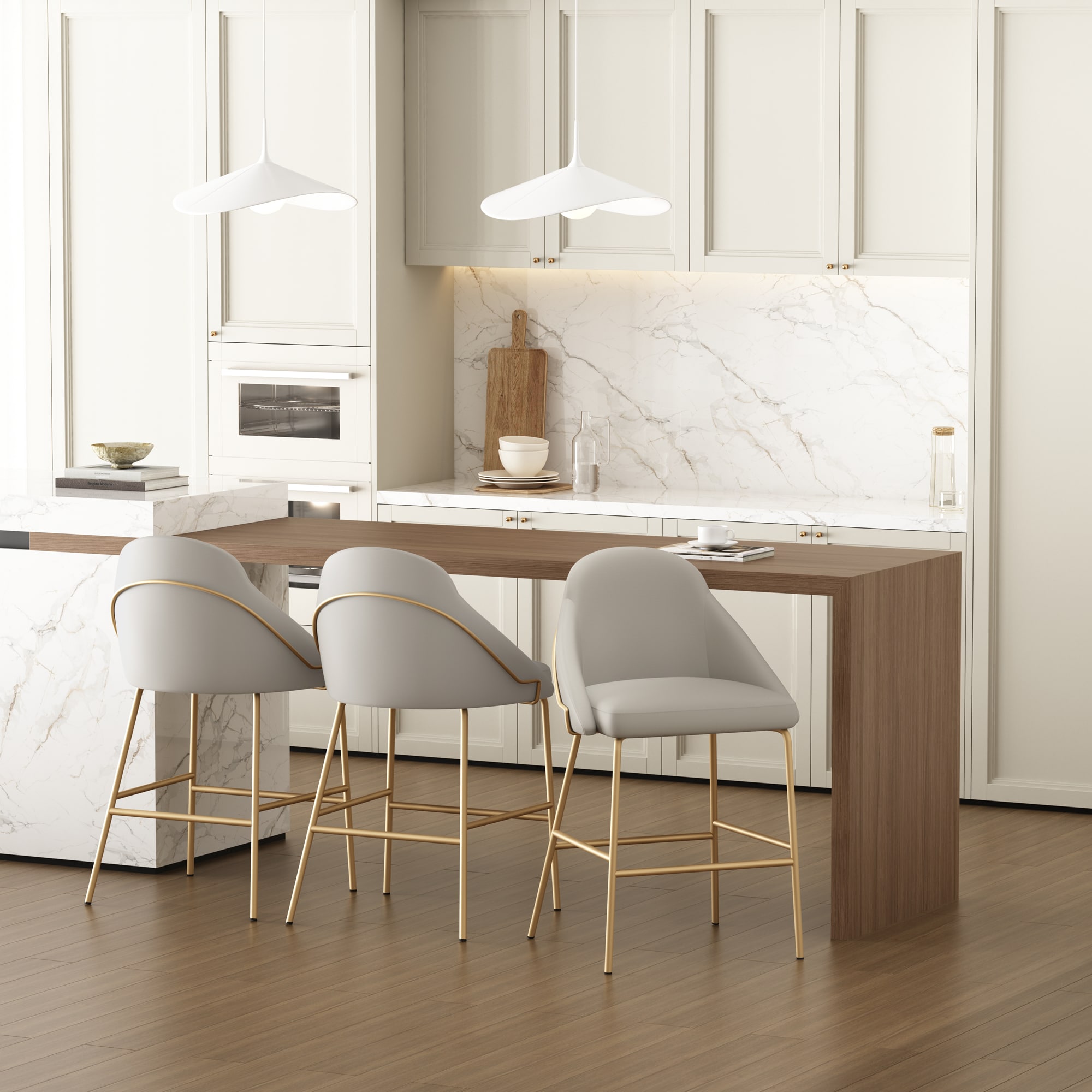 Manhattan Comfort 3-CS019-GST Gracie 3 -Set Stone and Gold 26-in H Counter height Square seat Upholstered Metal Bar Stool and Back