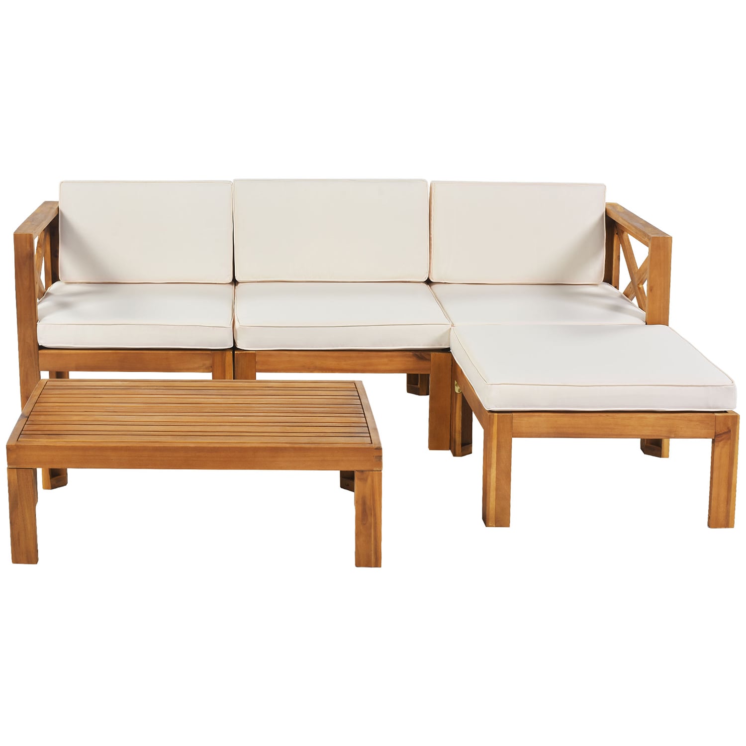 SINOFURN SYB840058BK Outdoor Sectional with Beige Cushions and Acacia Frame