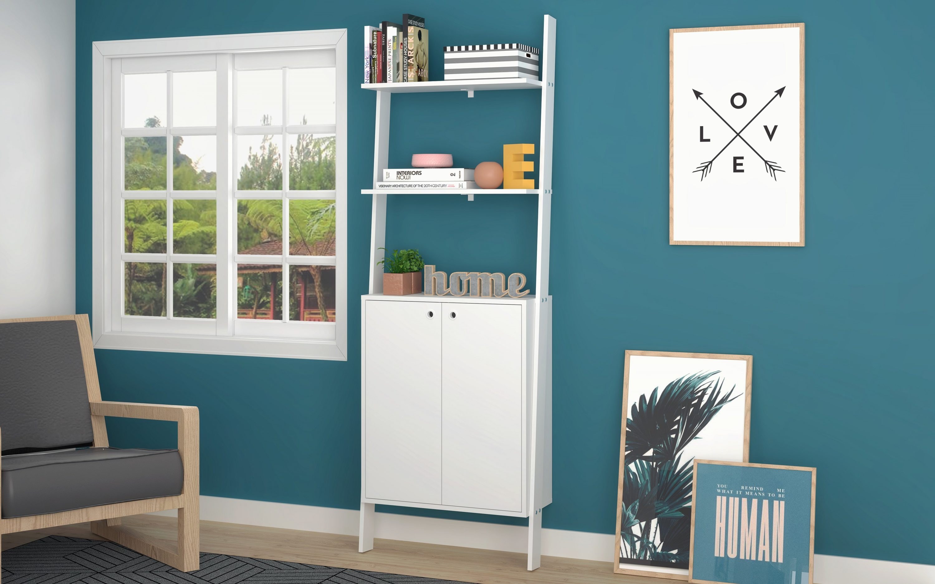 Manhattan Comfort 194AMC6 Cooper White Composite 4 -Shelf Ladder Bookcase with Doors ( 24.8-Inches W x 72.04-Inches H x 9.84-Inches D ) Finished