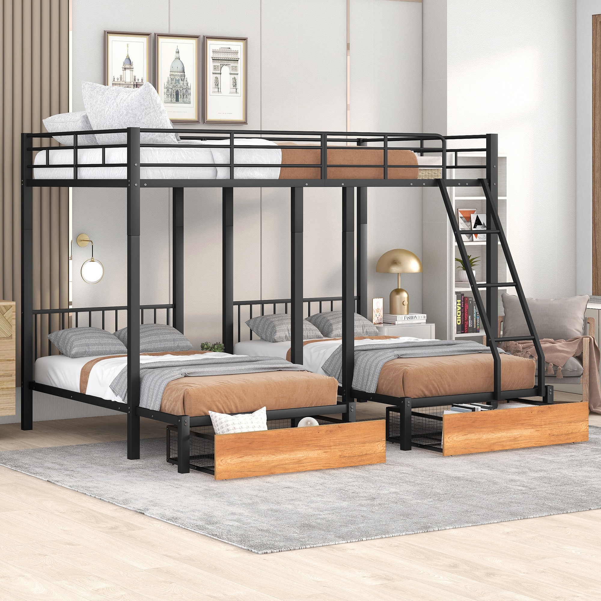 ModernLuxe LT000222AAB Full Over Twin  Twin Bunk Bed Metal Triple Bunk Bed with Drawers and Guardrails Black