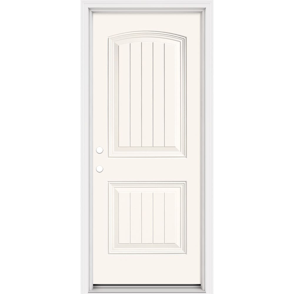 Masonite 321192 Steel Doors Series 32-in x 80-in x 4-9/16-in Steel No glass Right-hand inswing Modern White Painted Prehung Front Door with Brickmould Insulating core