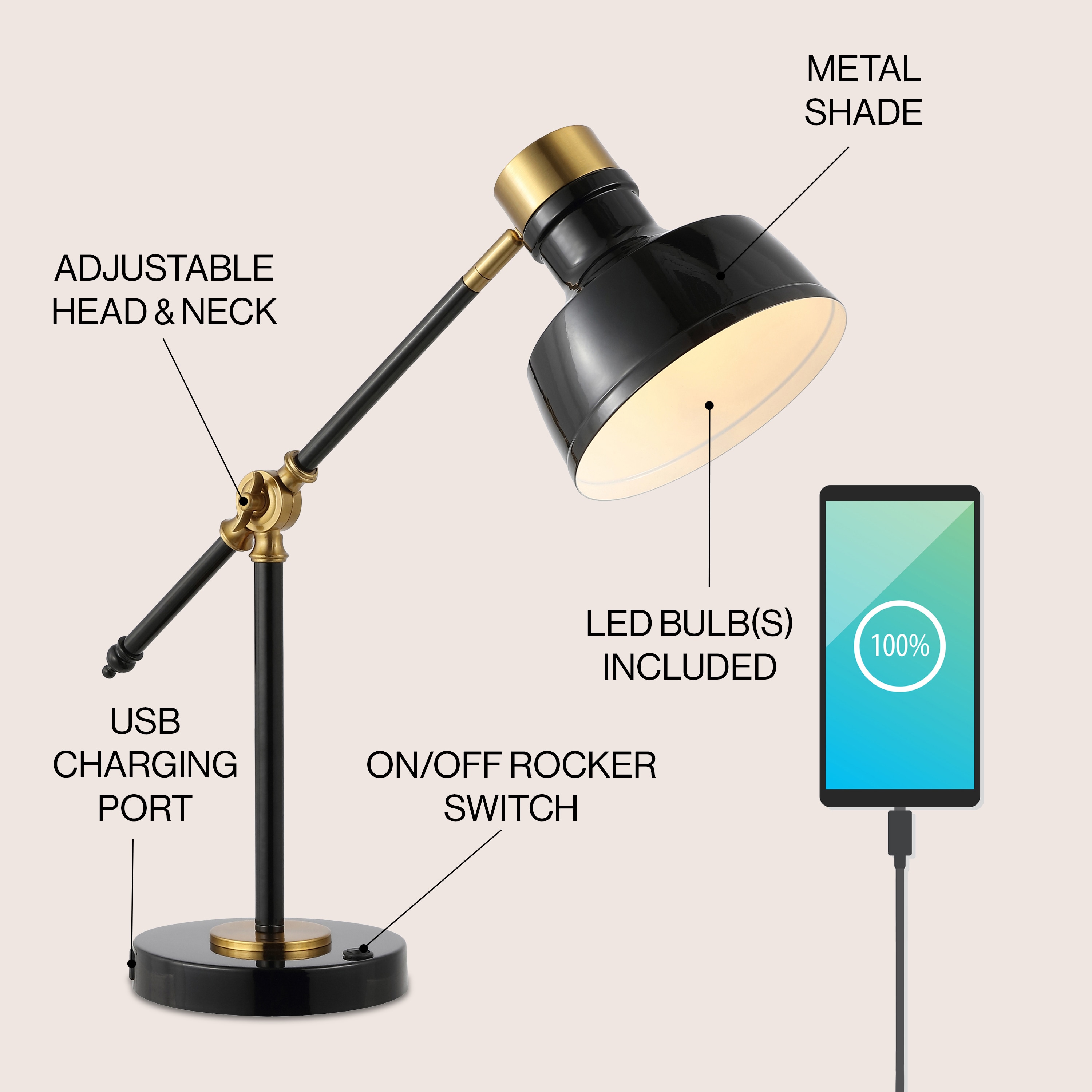 Adjustable Black and Brass Gold Edison Task Lamp with USB Port