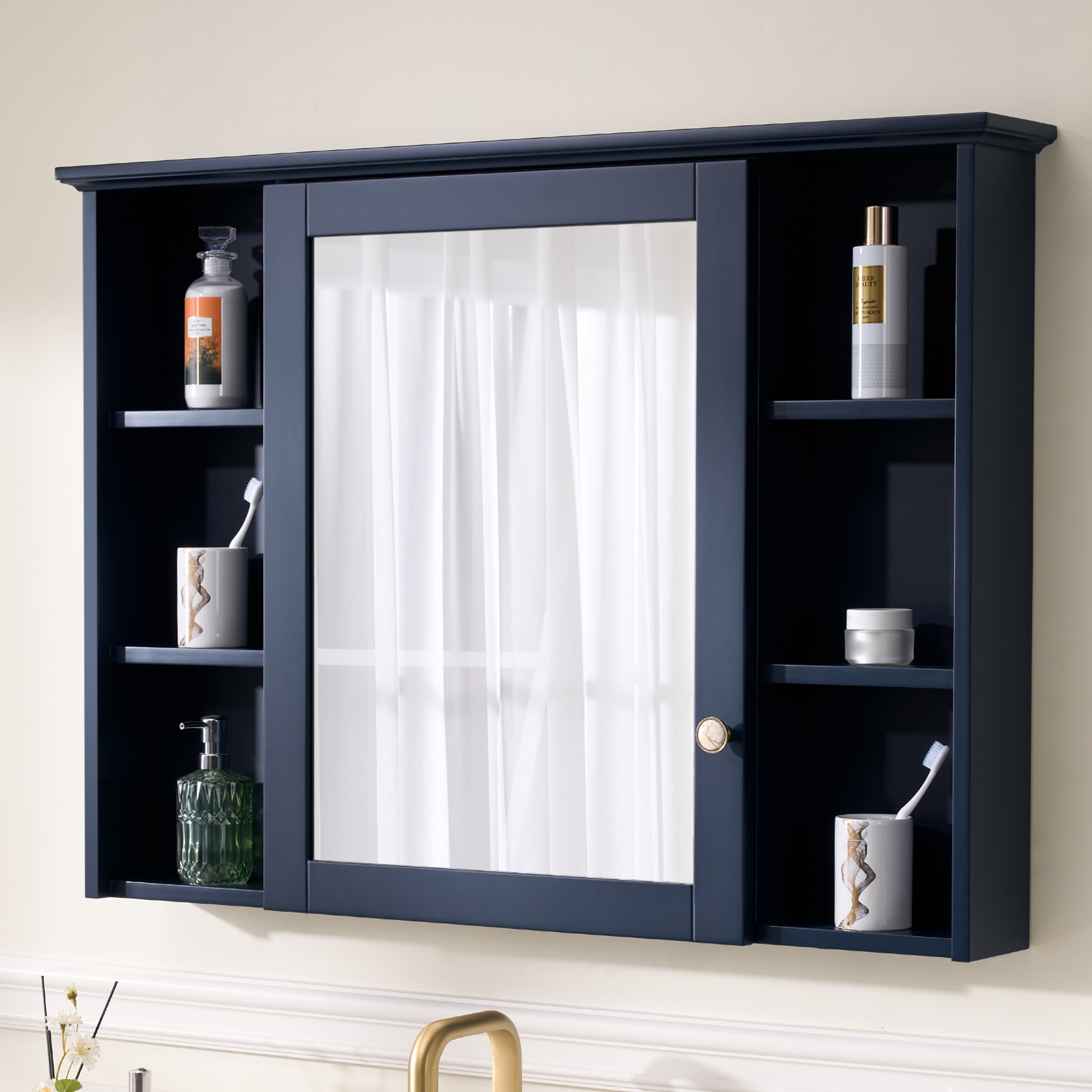 LIVIZA UCJ-WMC42YS1NB NAT2 Solid Wood Cabinet 42-in x 30-in Surface Mount Navy Blue Mirrored Rectangle Soft Close Medicine Cabinet