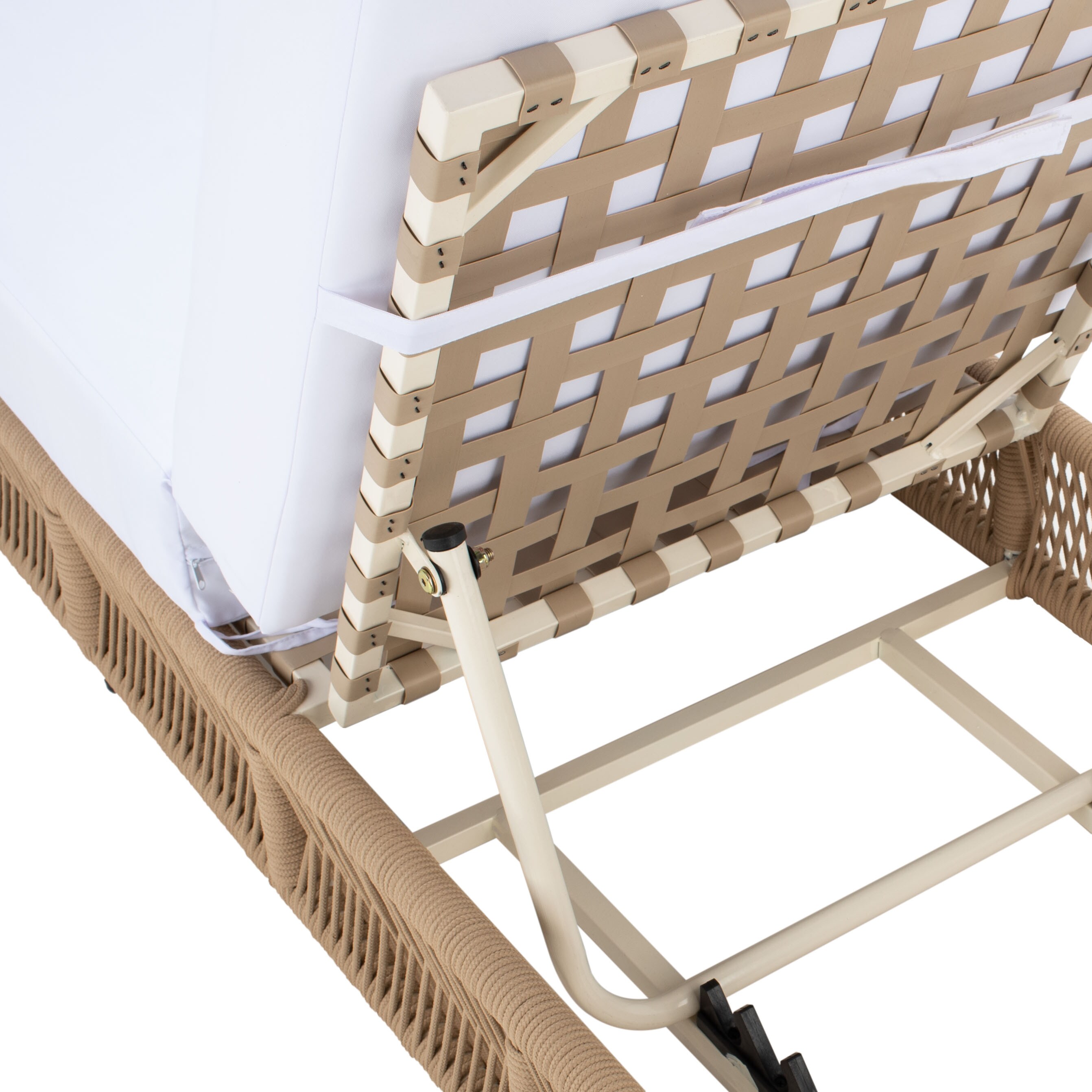 Tan Rope Wicker Armless Chaise with White Cushions