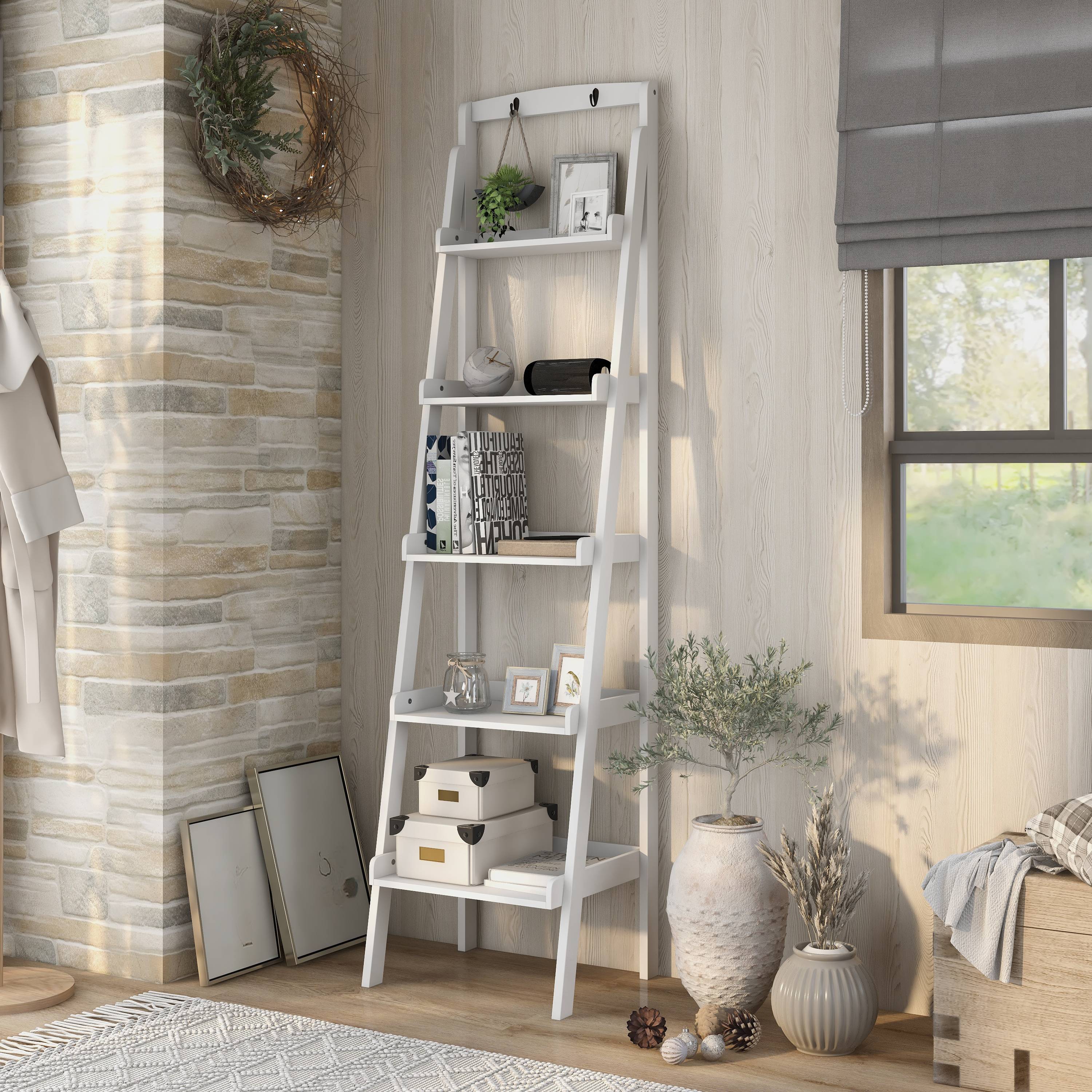 Furniture of America IDF-AC808WH Kilwining White Wood 5 -Shelf Ladder Bookcase ( 18.25-Inches W x 71.75-Inches H x 15.38-Inches D ) Finished