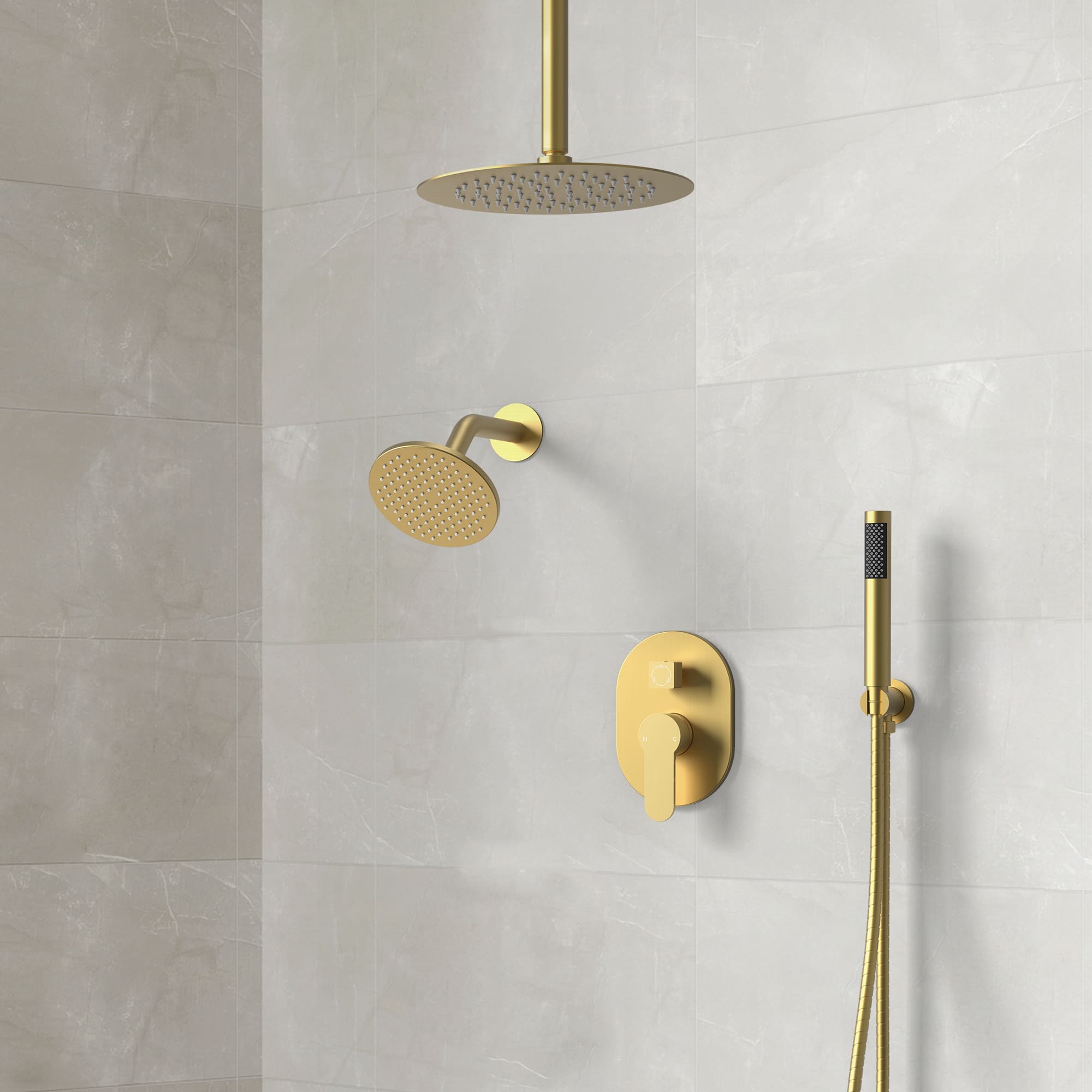 EVERSTEIN SFS-1057-GD10 3-Spray Patterns Round Fixed Shower Head 10 and 6 in. with 2.5 GPM Ceiling Mount Dual Shower Heads in Brushed Gold