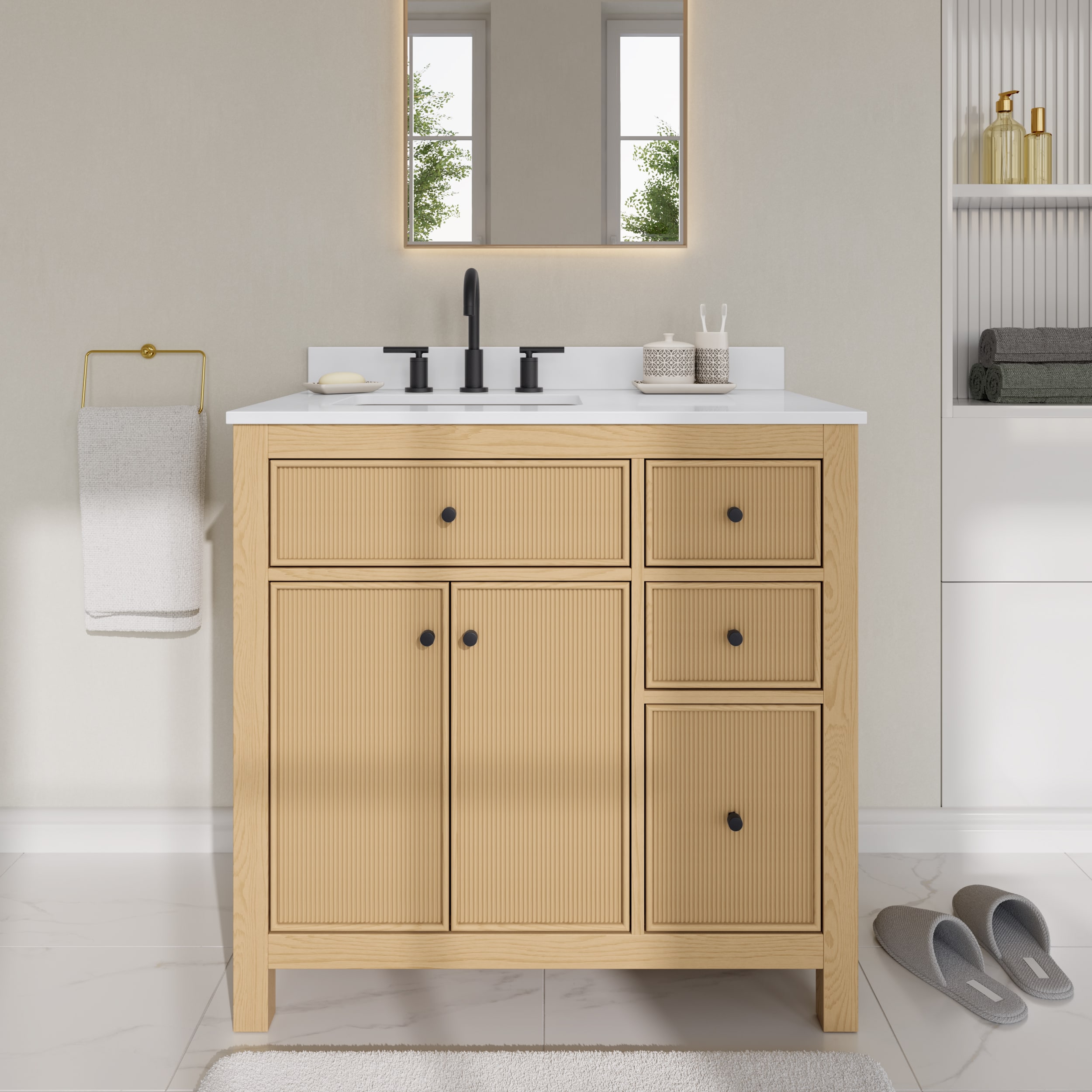 Wyndham Collection WCF929236STBWCUS3MXX Pendry 36-in Tanned Oak with Matte Black Trim Undermount Single Sink Bathroom Vanity with White Cultured Marble Cultured Marble Top
