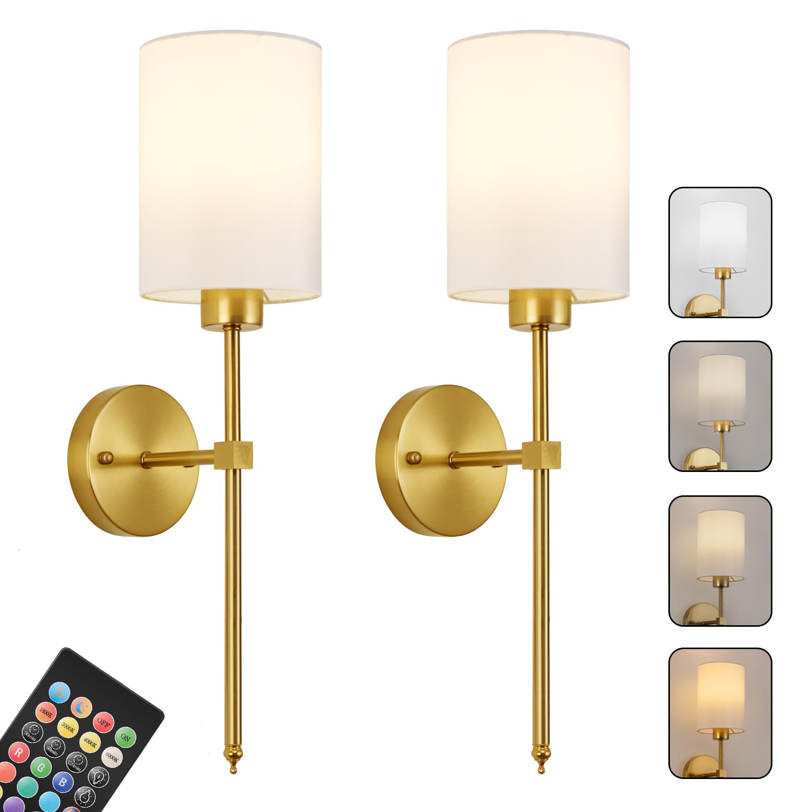 Vrbgify  Set of Two Battery Operated Wireless Wall Sconces with Remote Control Dimmable Adjustable Color and RGB Timer for Bedroom Living Room Entryway Gold