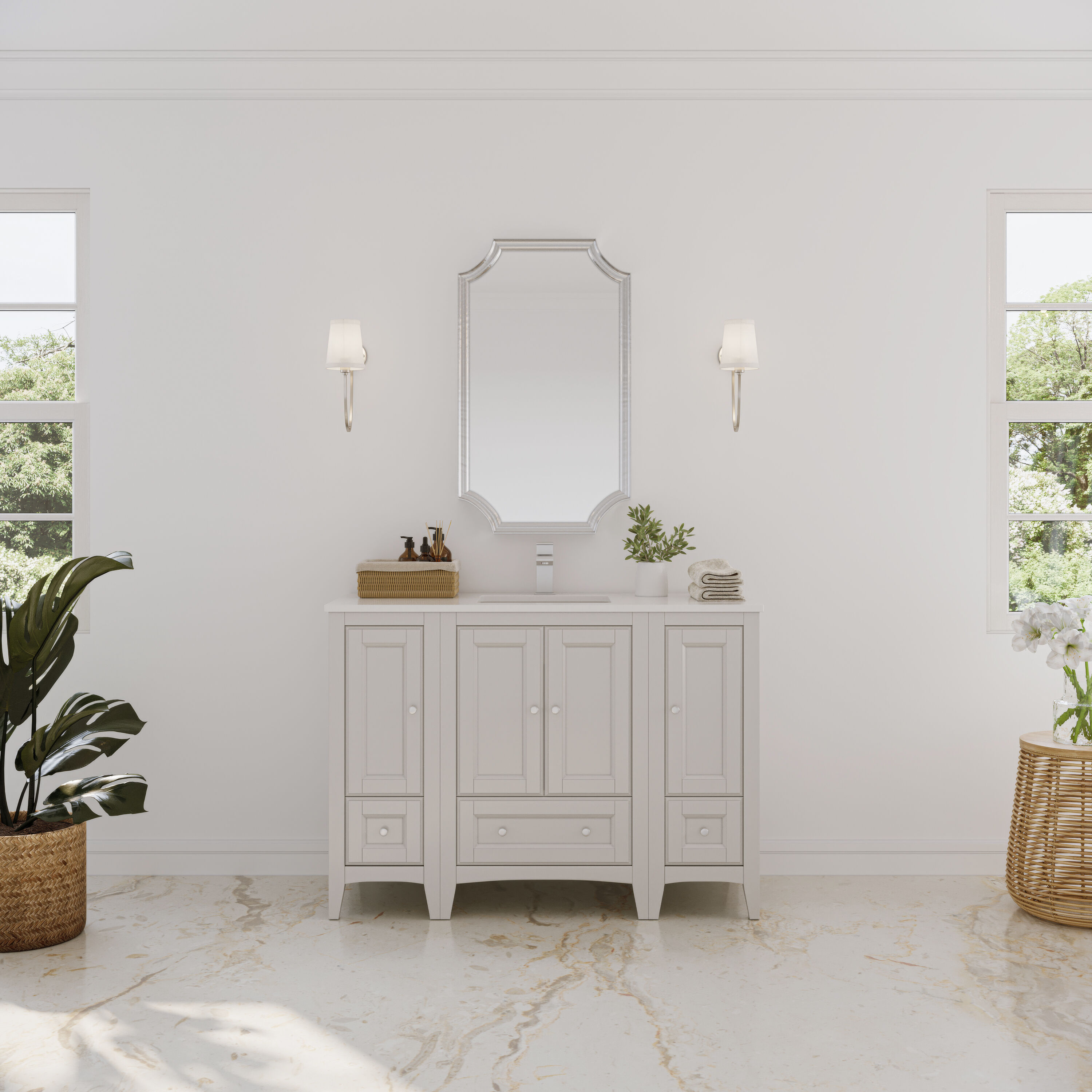 Fresca FCB20-122412AW-CWH-U Oxford 48-in Antique White Undermount Single sink Bathroom Vanity with White Quartz Top