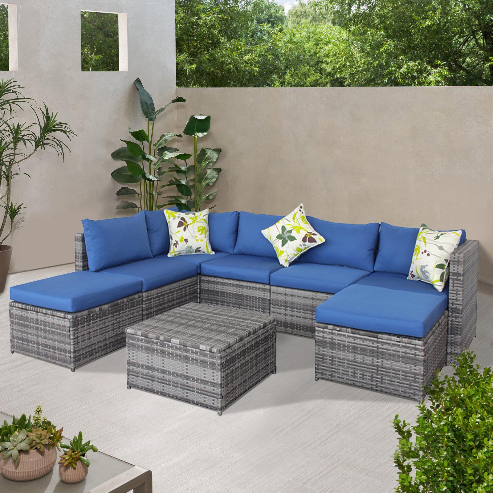 Bayfeve BF-1102UE 8 -Piece Rattan Patio Conversation Set with Blue Cushions
