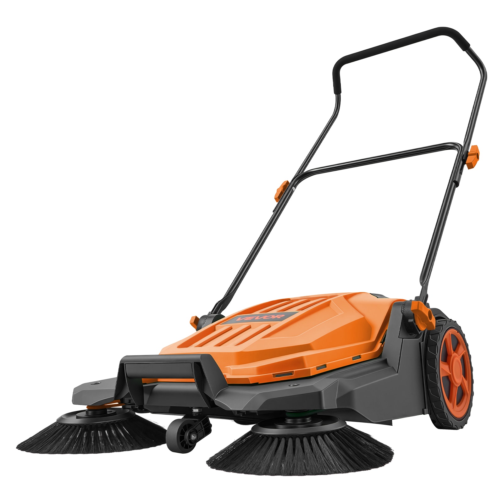 VEVOR SCBXSQSC26IN18698V0 Walk-Behind Hand Push Floor Sweeper Manual Floor Sweeper Non-Electric with 25.6in Sweeping Width 5 Gallons Waste Container and Adjustable Folding Handle for Yards Walkways Patios Garages - Orange