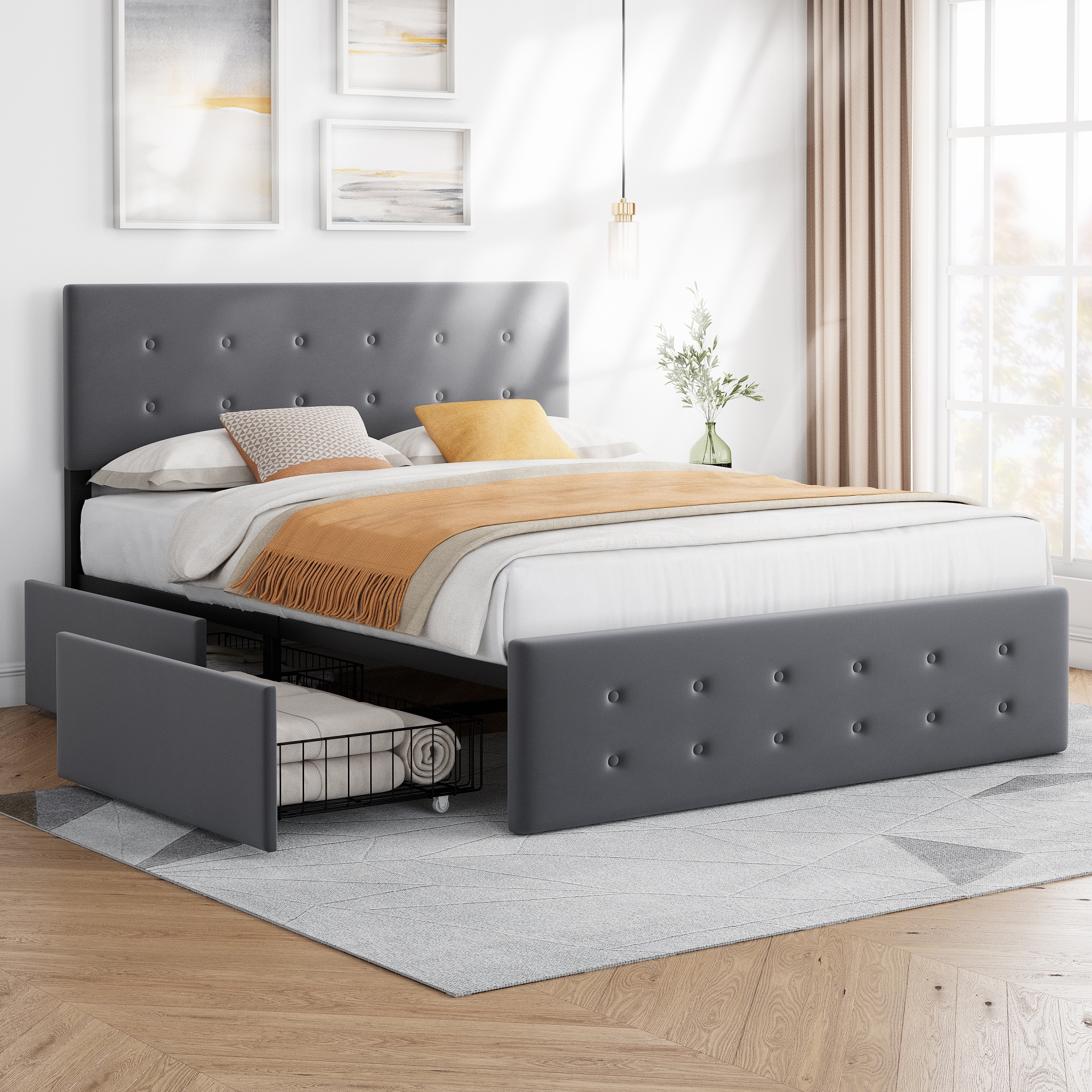 Garvee Gray Queen Wood Platform Bed with Storage PHO-0RB382F2 at Lowes.com