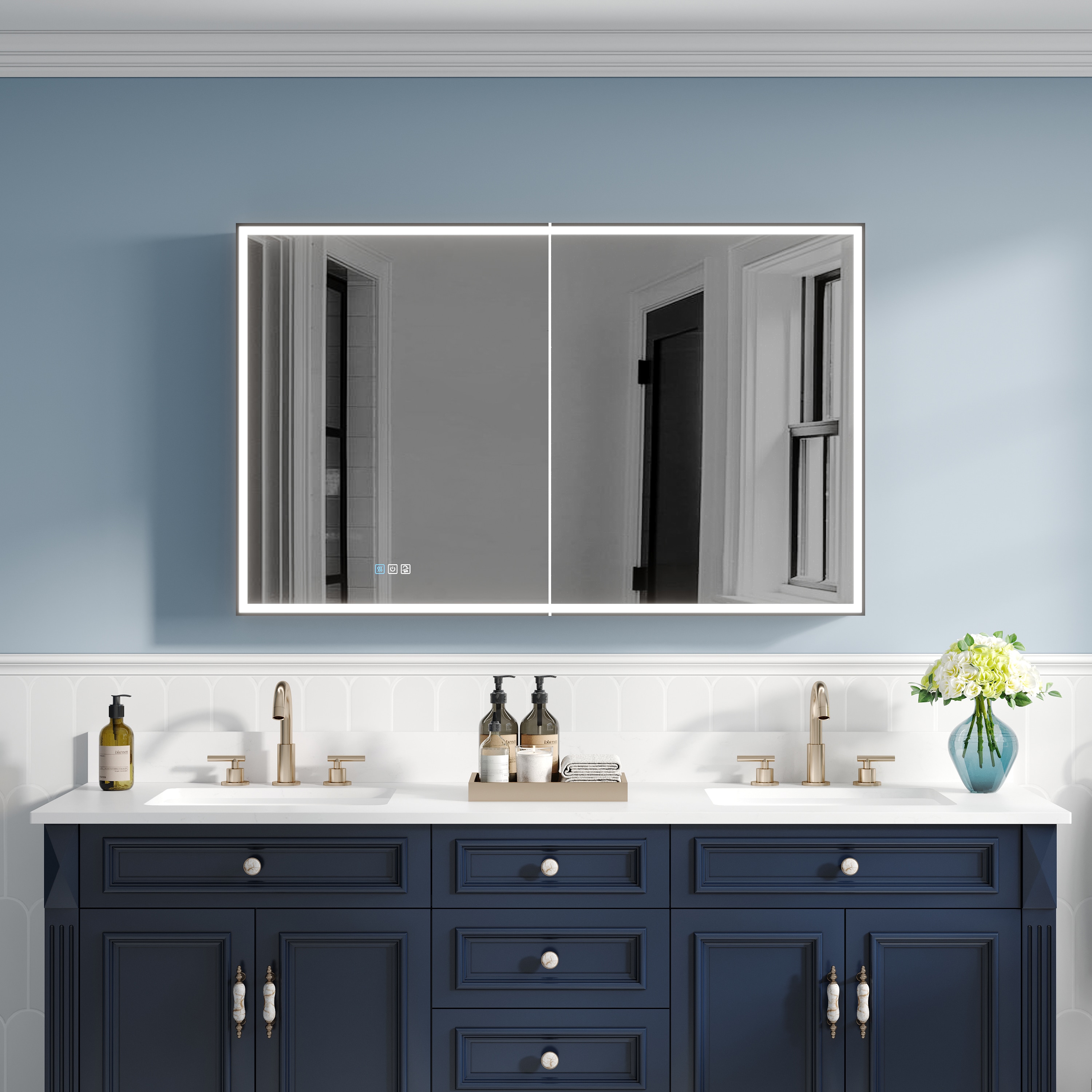 Ayelon Cabinet 48-in x 30-in Lighted LED Fog Free Surface/Recessed Mount Black Mirrored Rectangle Soft Close Medicine Cabinet with Outlet