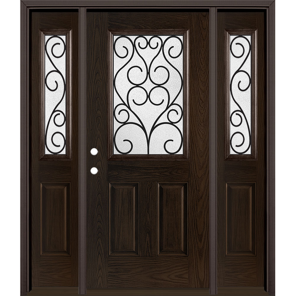 Masonite 3420718 Iron Springs 64-in x 80-in Fiberglass Half Lite Right-Hand Inswing Walnut Stained Prehung Front Door with Sidelights with Brickmould Insulating Core