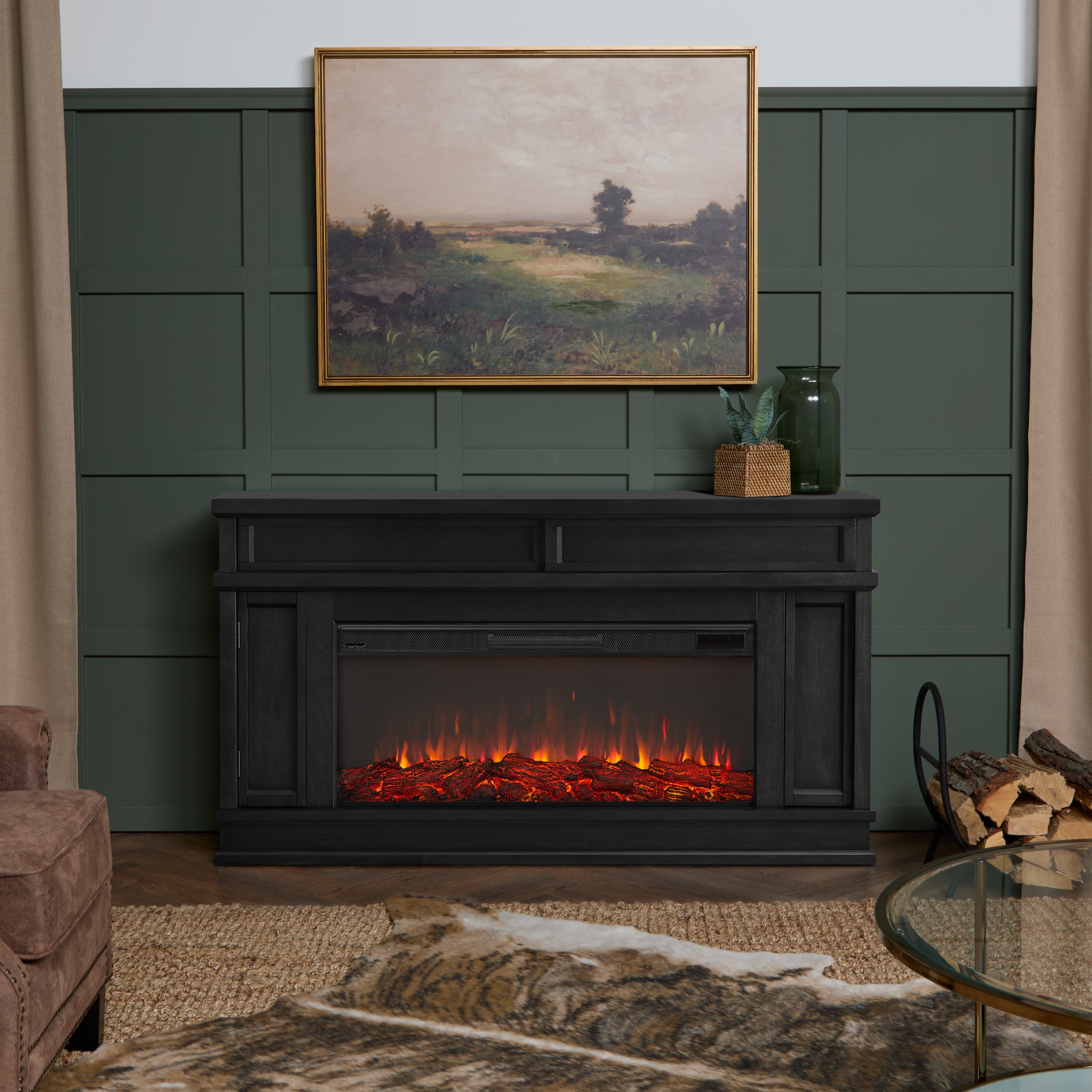 Real Flame 4020E-BLK 60-in W Black TV Stand with Fan-forced Flat wall Electric Fireplace with Remote Control Included