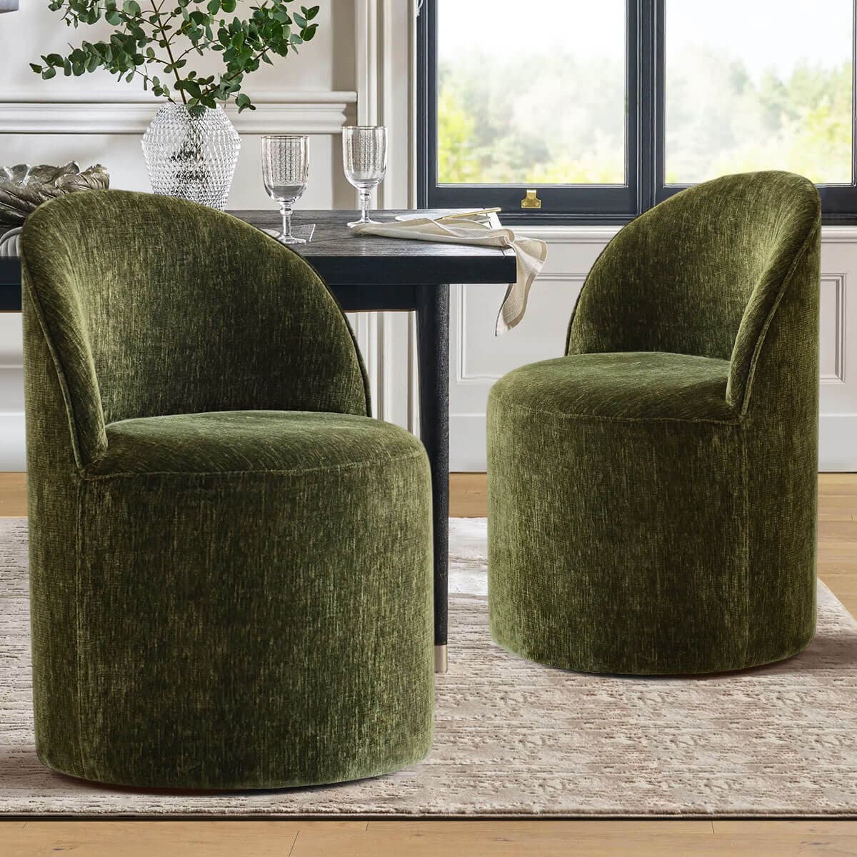 Maison Boucle DORIS-CHAIR-GREEN-2 Set of 2 Modern Green Armless Barrel Dining Chairs with Upholstered Seat Curved Back and Casters