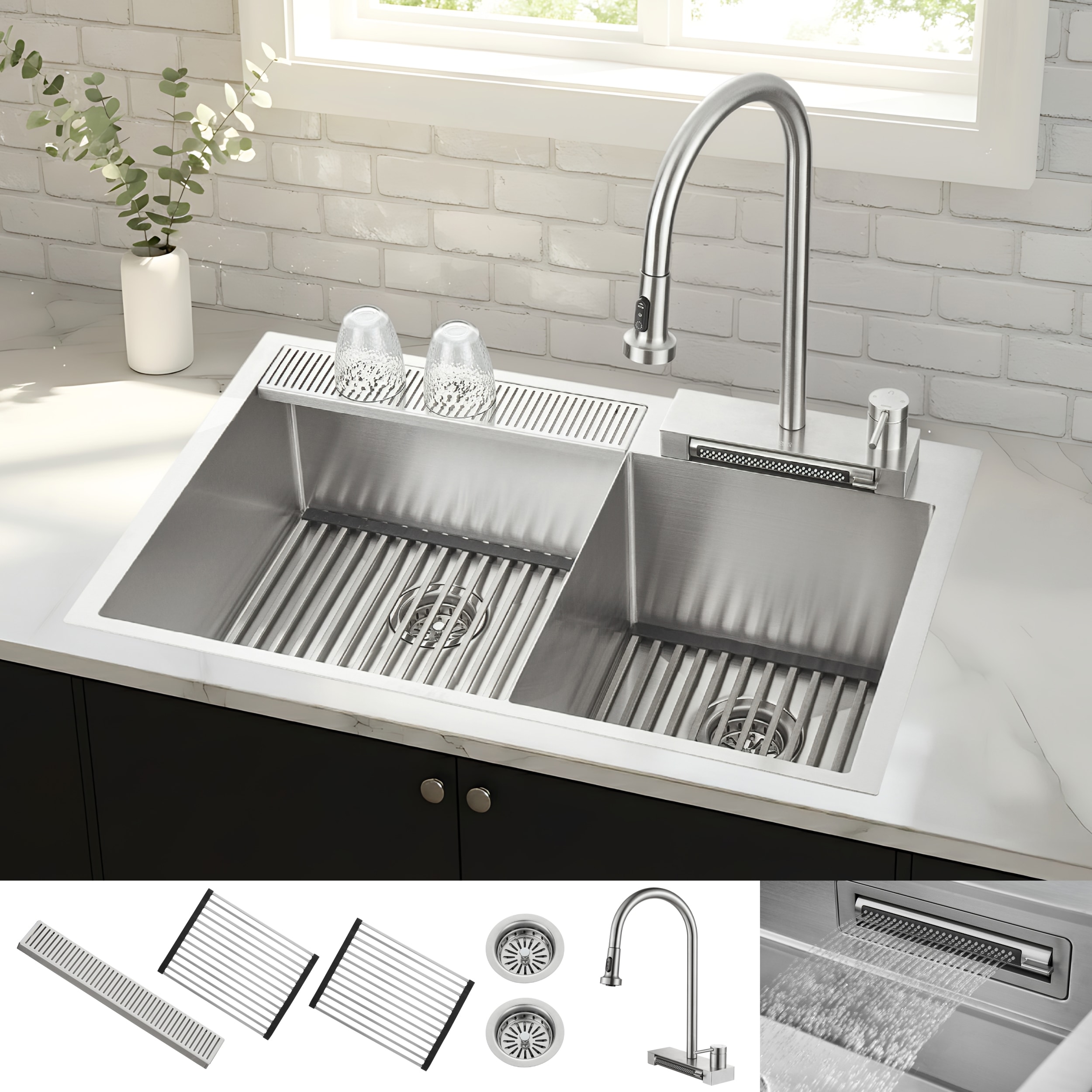 FORNO ACQUA MultiSINK (4 Function Waterfall Faucet) Drop-in or undermount 33-in x 22-in Stainless steel Double offset bowl 18 -Gauge Kitchen Sink All-in-One Kit with Drainboard