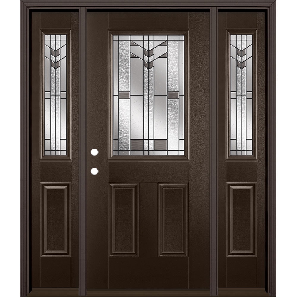 Masonite 3420278 Frontier 64-in x 80-in x 4-9/16-in Fiberglass Half lite Right-hand inswing Walnut Stained Prehung Front Door with Sidelights with Brickmould Insulating core